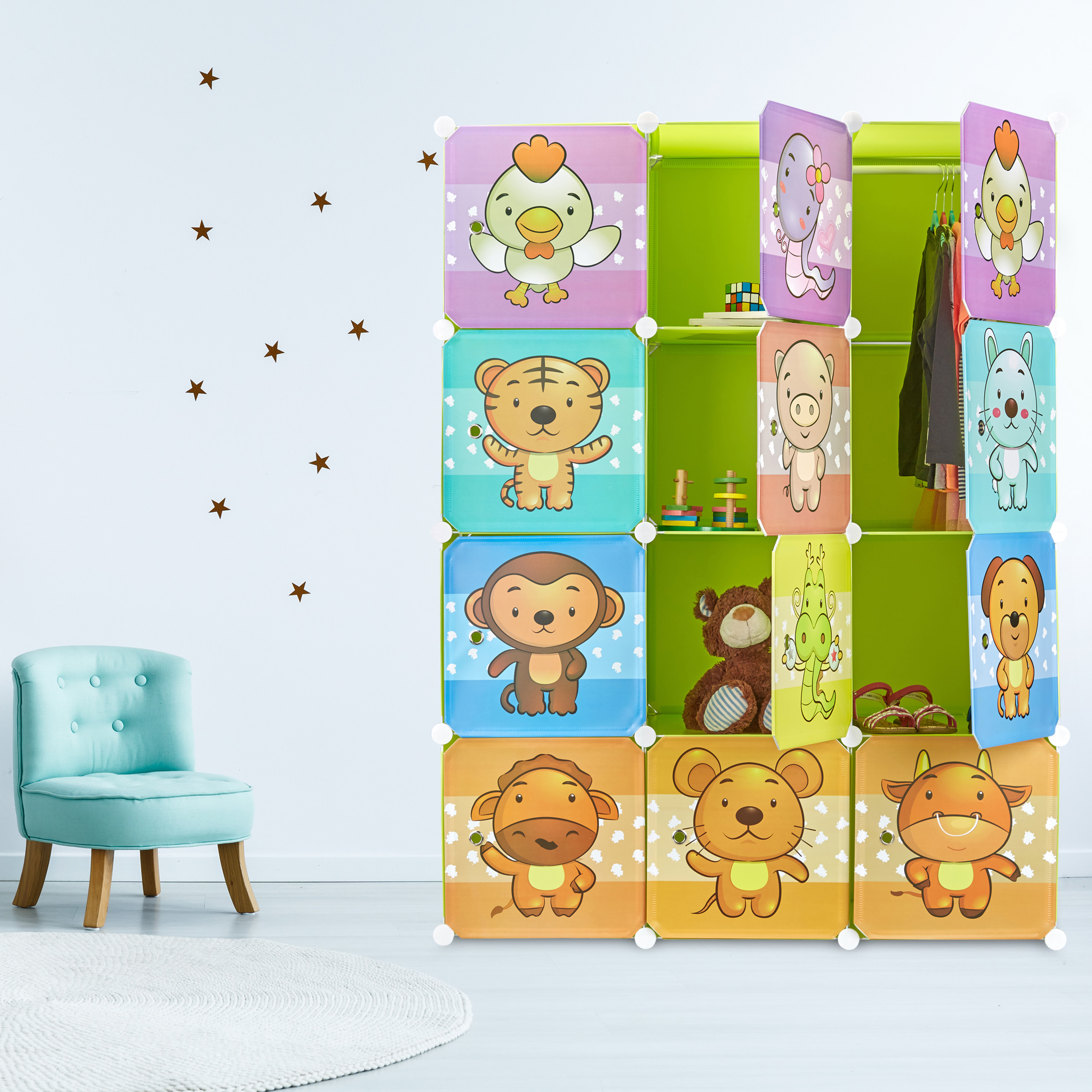 Steckregal Kinderzimmer mit Motiv-Türen Kunststoff Stecksystem Kleiderschrank