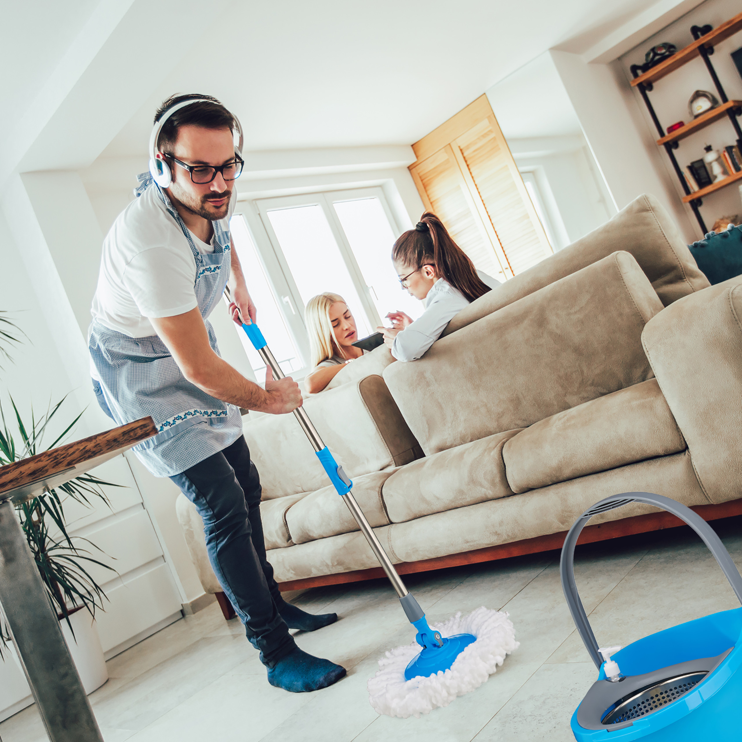 Wischmop mit Eimer Wischer Mop Bodenwischer Wischbezug Teleskopstange Schleuder