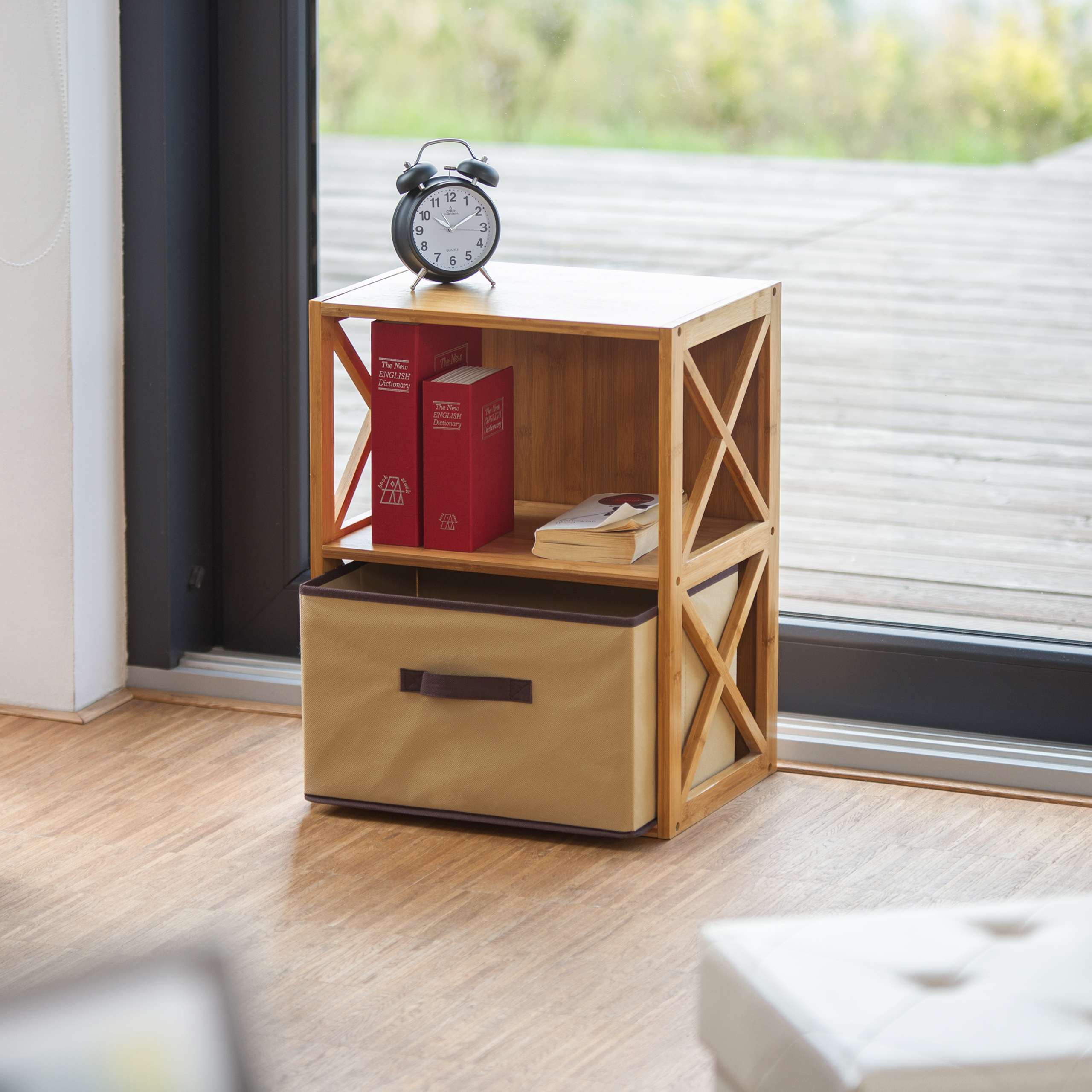 Regal Bambus mit Korb, Faltbox, 2-4 Ablagen, Holzregal natur