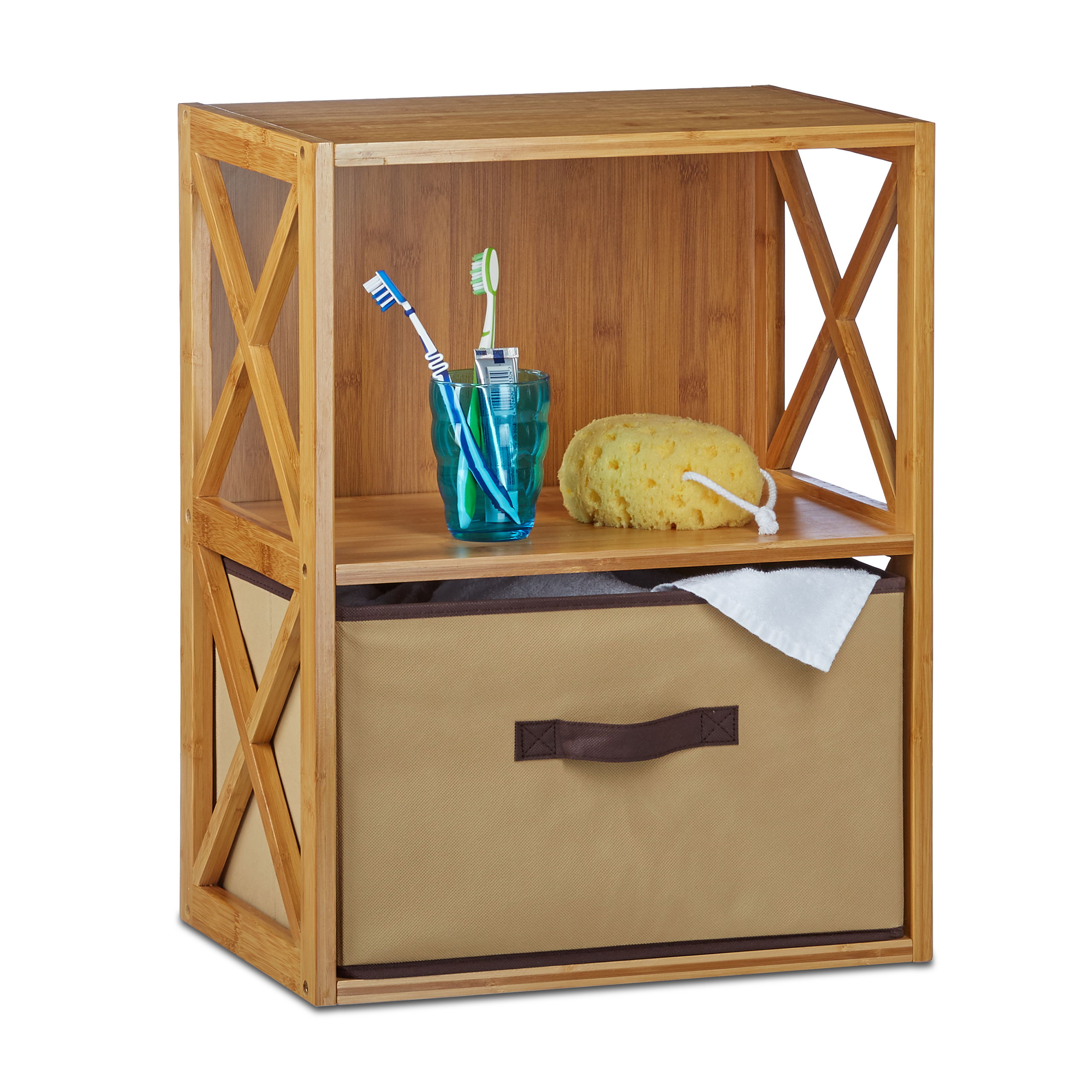 Regal Bambus mit Korb, Faltbox, 2-4 Ablagen, Holzregal natur