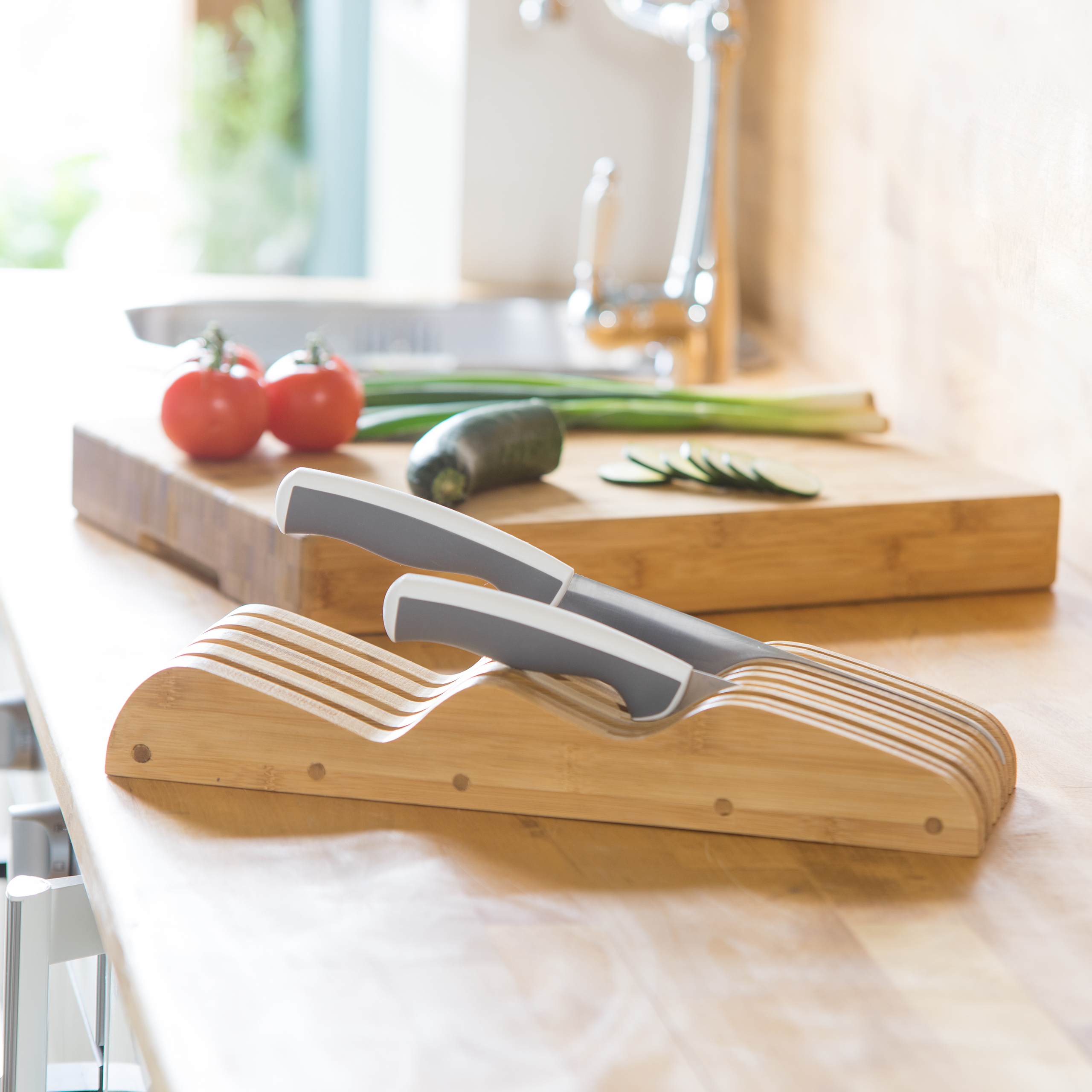 Bloque de cuchillos bambú, cuchillos soporte, uso cajones, organizador