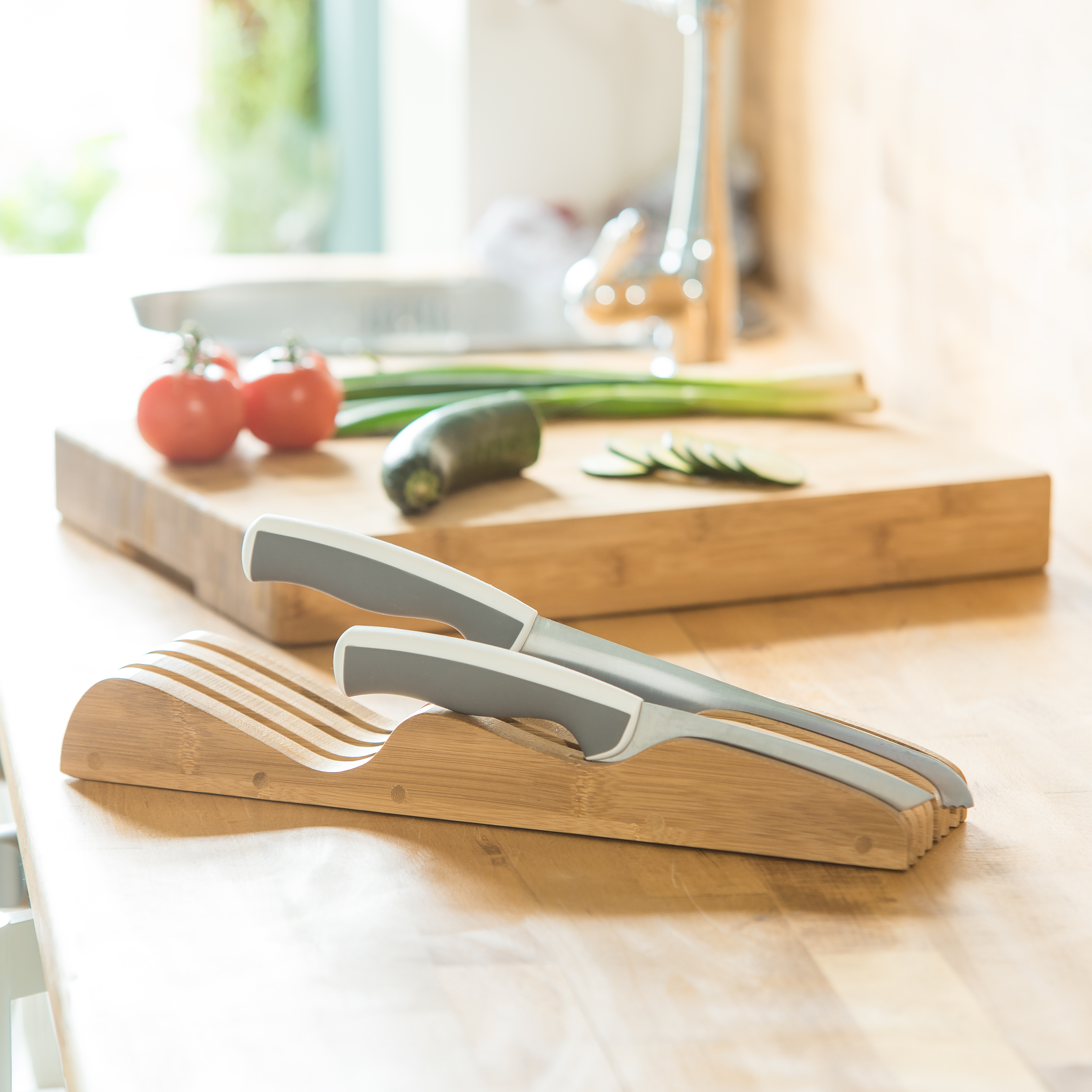 Bloque de cuchillos bambú, cuchillos soporte, uso cajones, organizador