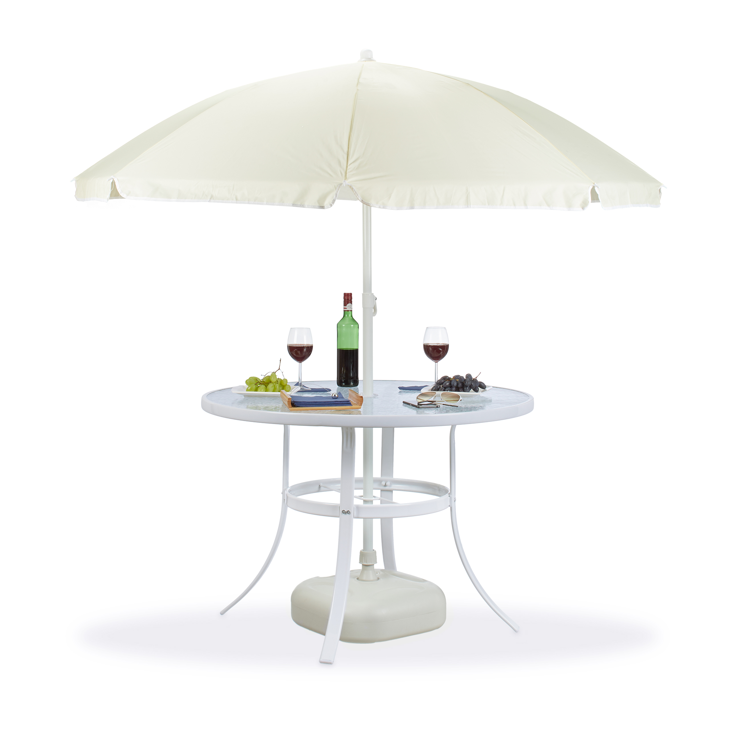 Gartentisch Glas rund STRUK 4 Sitzer, Glastisch weiß, Balkontisch