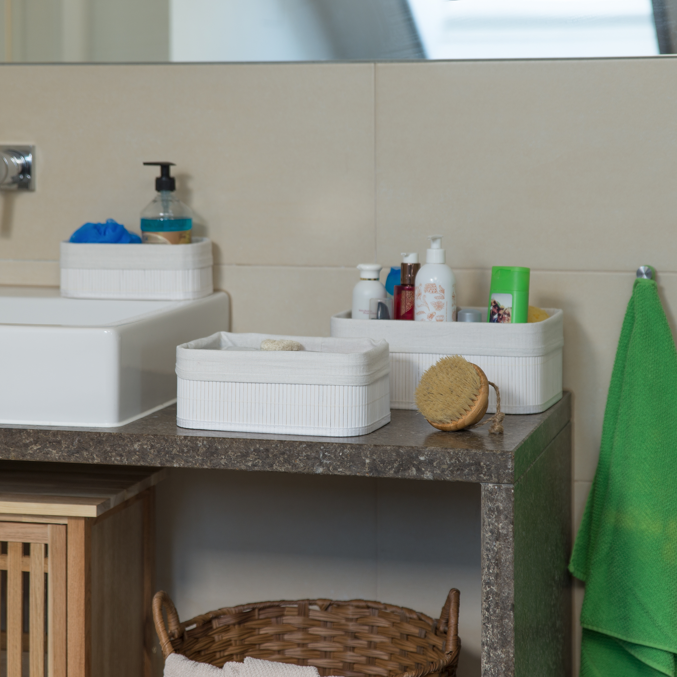 Aufbewahrungskorb für Bad und Flur, 3er Set Regalkorb Bambus, versch