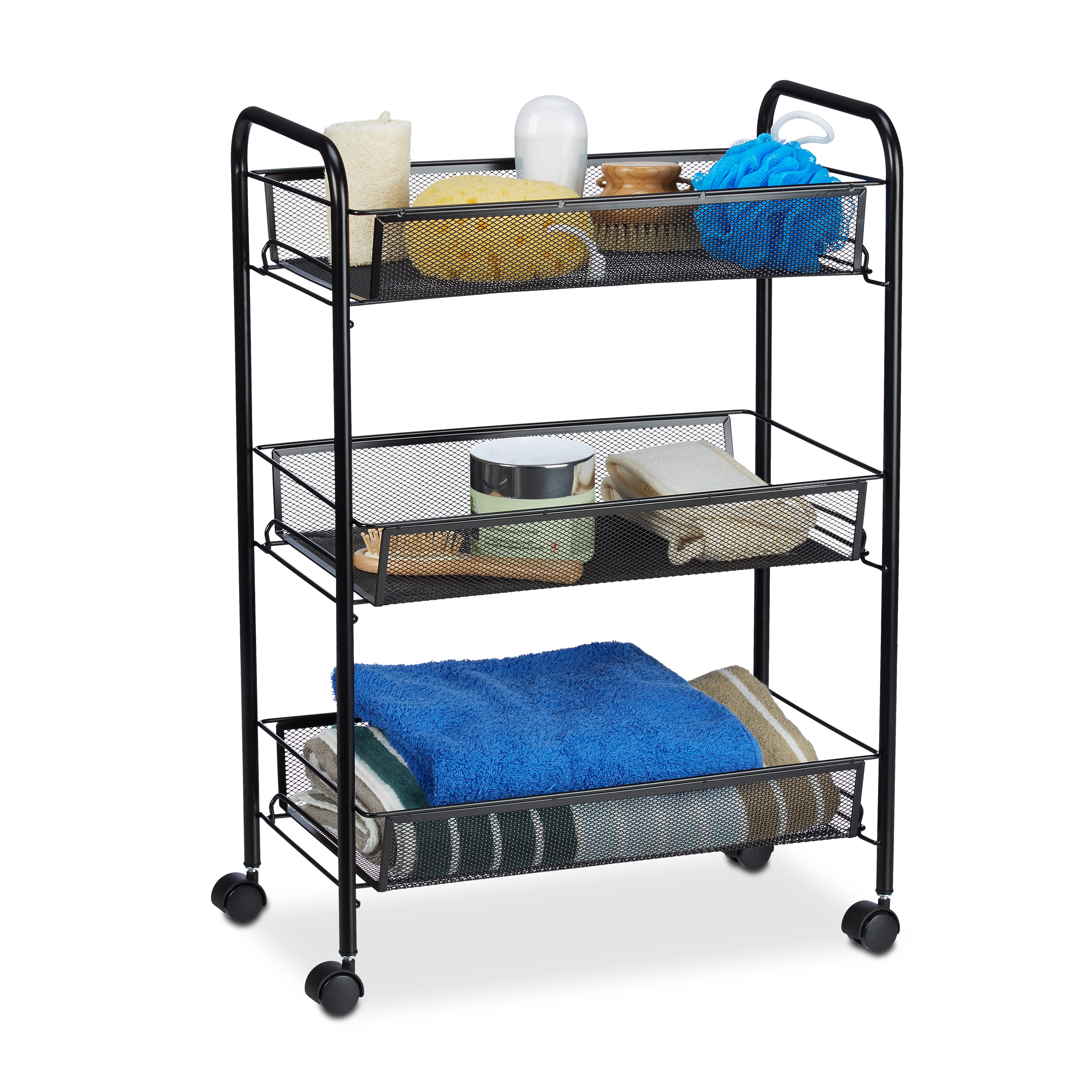 3-stufiger Rollwagen Metall - Servierwagen Mit Netzkorb 42x32x69cm