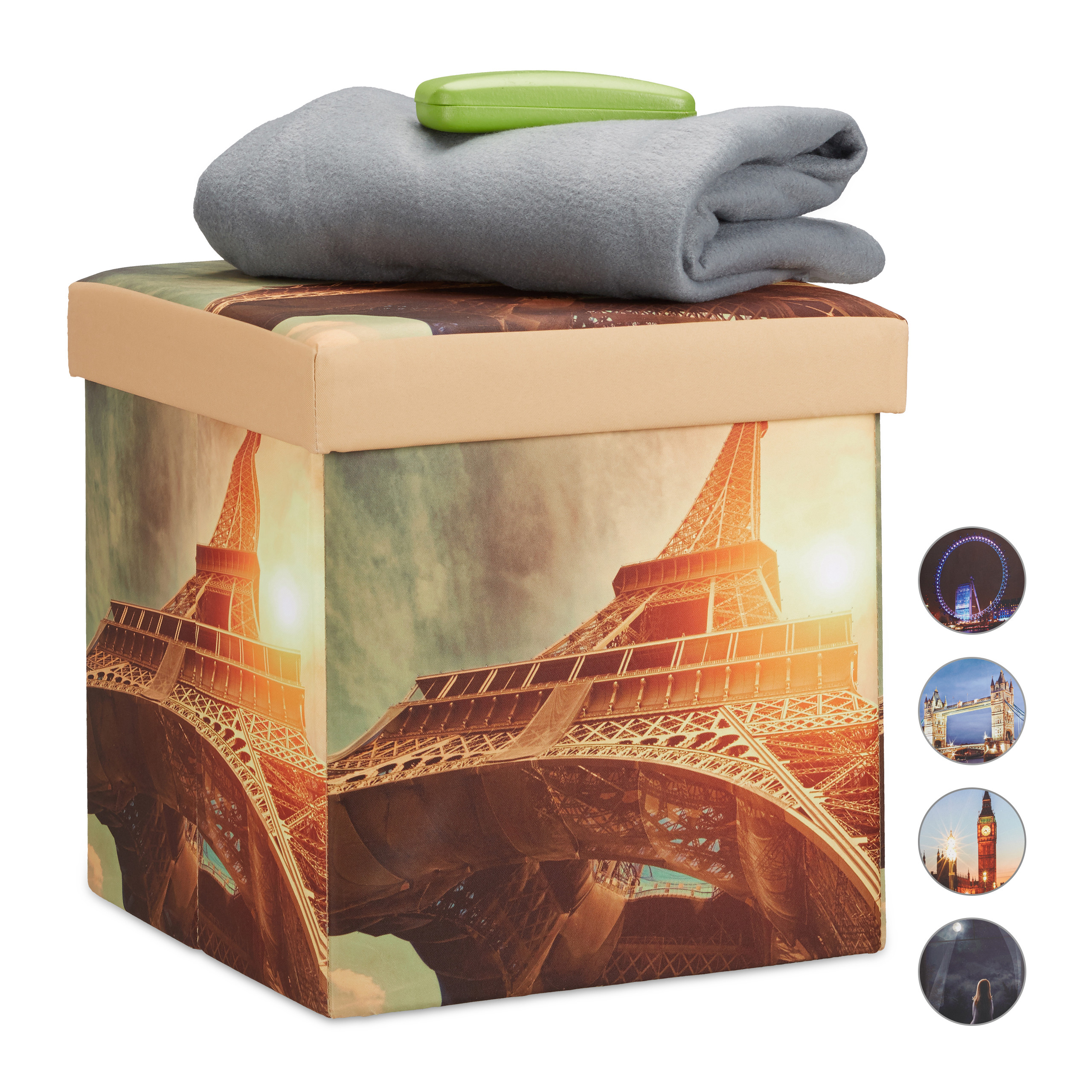 Sitzhocker mit Beleuchtung, Sitzwürfel mit Motiv, LED Falthocker