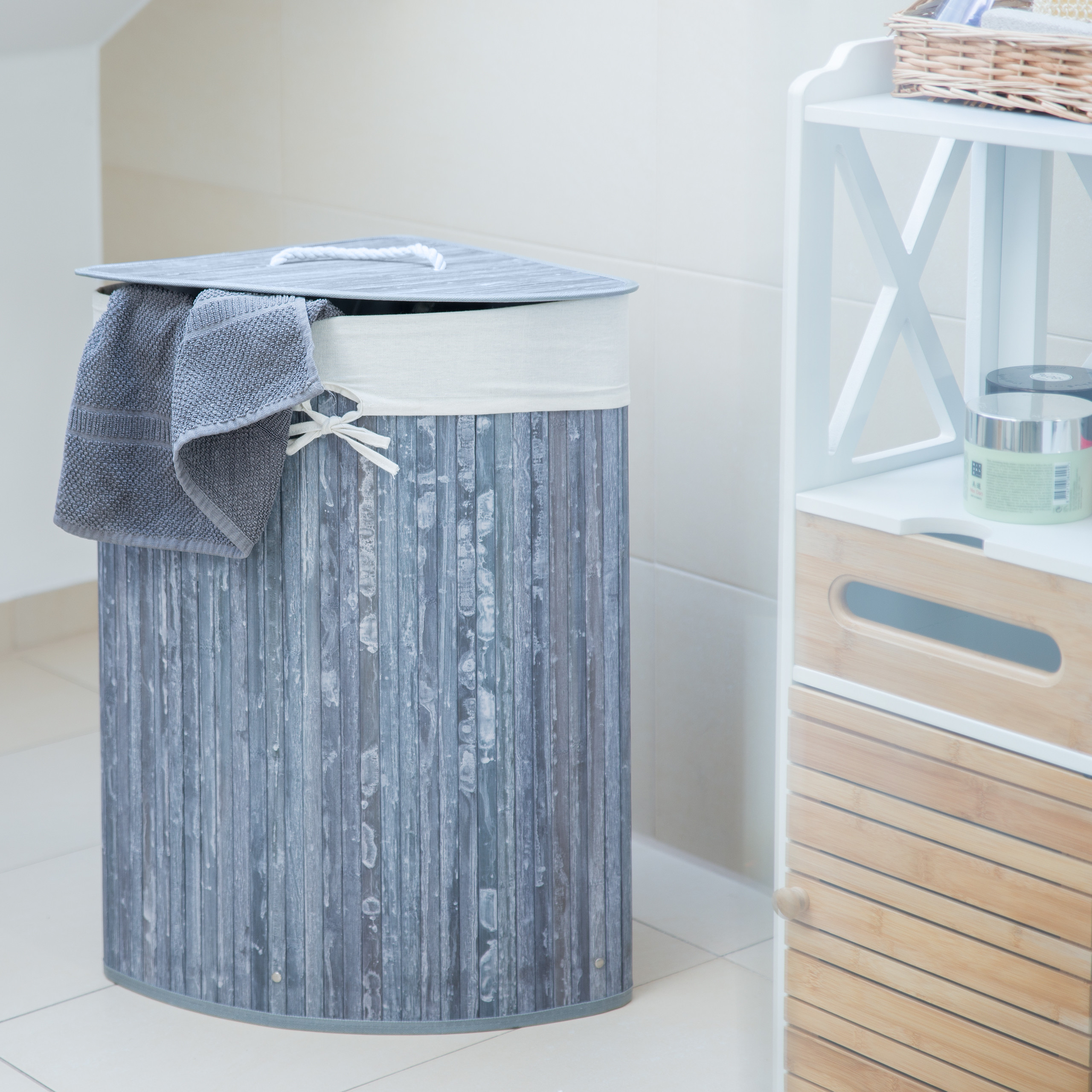 Eckwäschekorb Bambus Wäschekorb Ecke 60 l Raumspar Wäschekorb Deckel