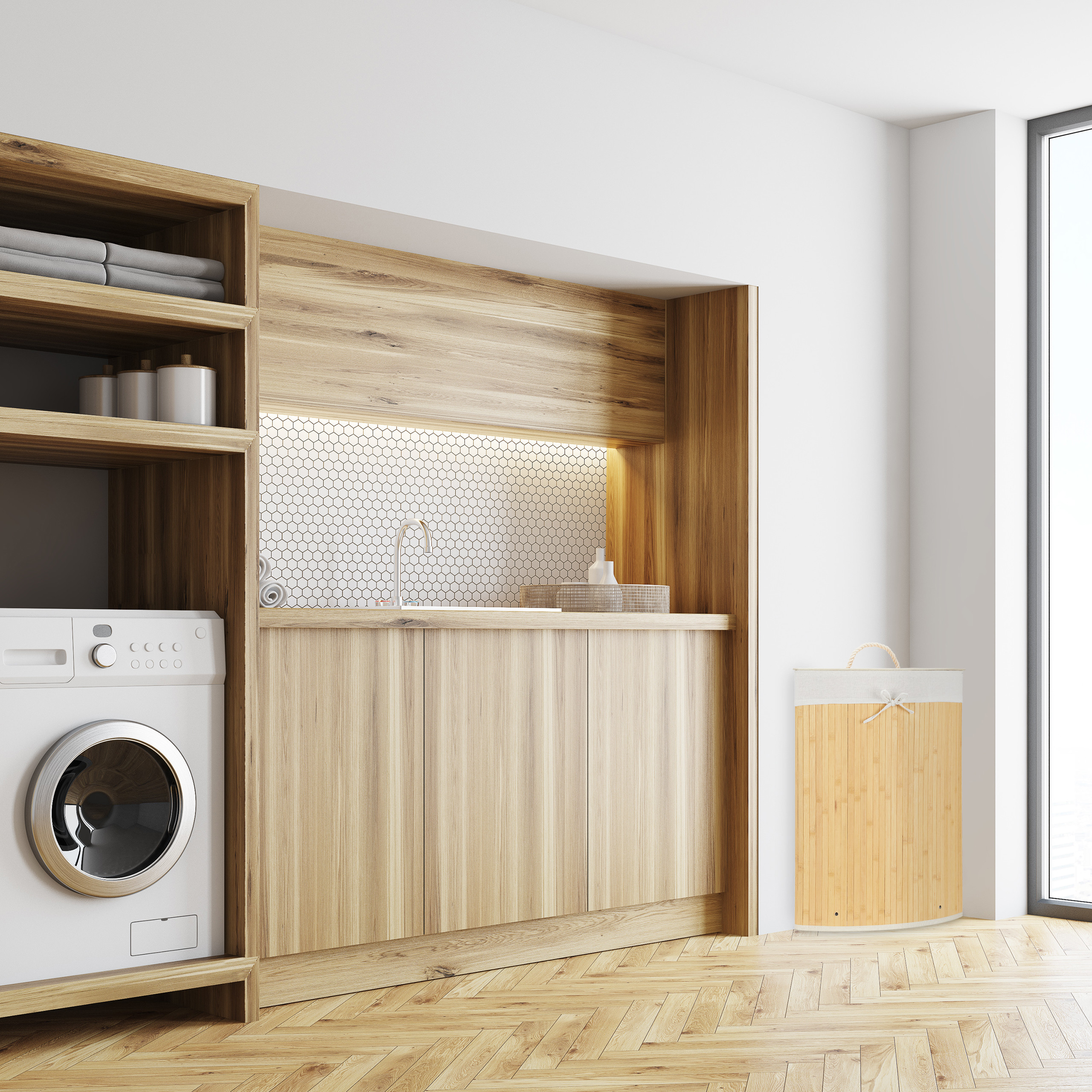 Eckwäschekorb Bambus Wäschekorb Ecke 60 l Raumspar Wäschekorb Deckel