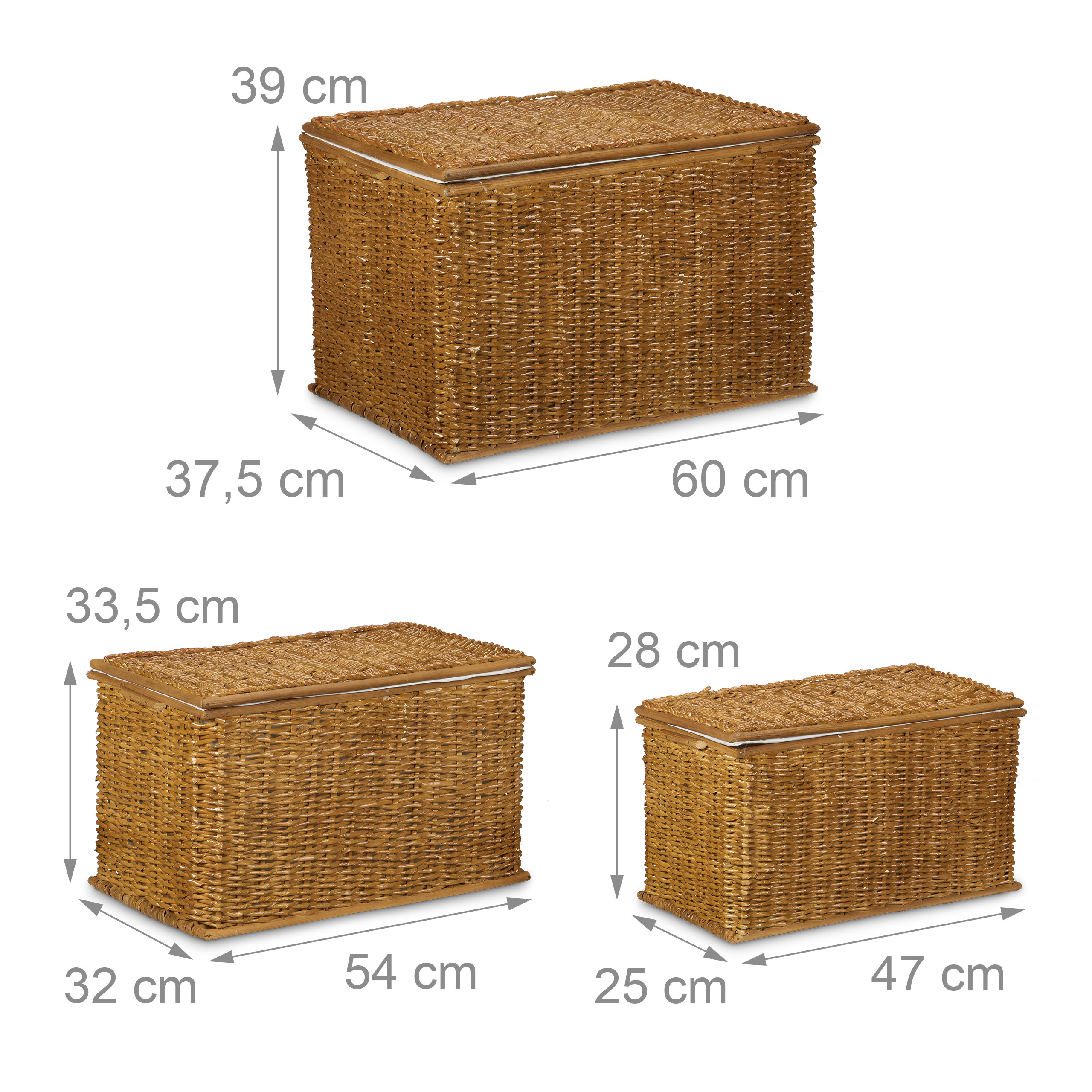 Truhe 3er Set Buri geflochten 71 L Korbtruhe stapelbar Wäschetruhe 3