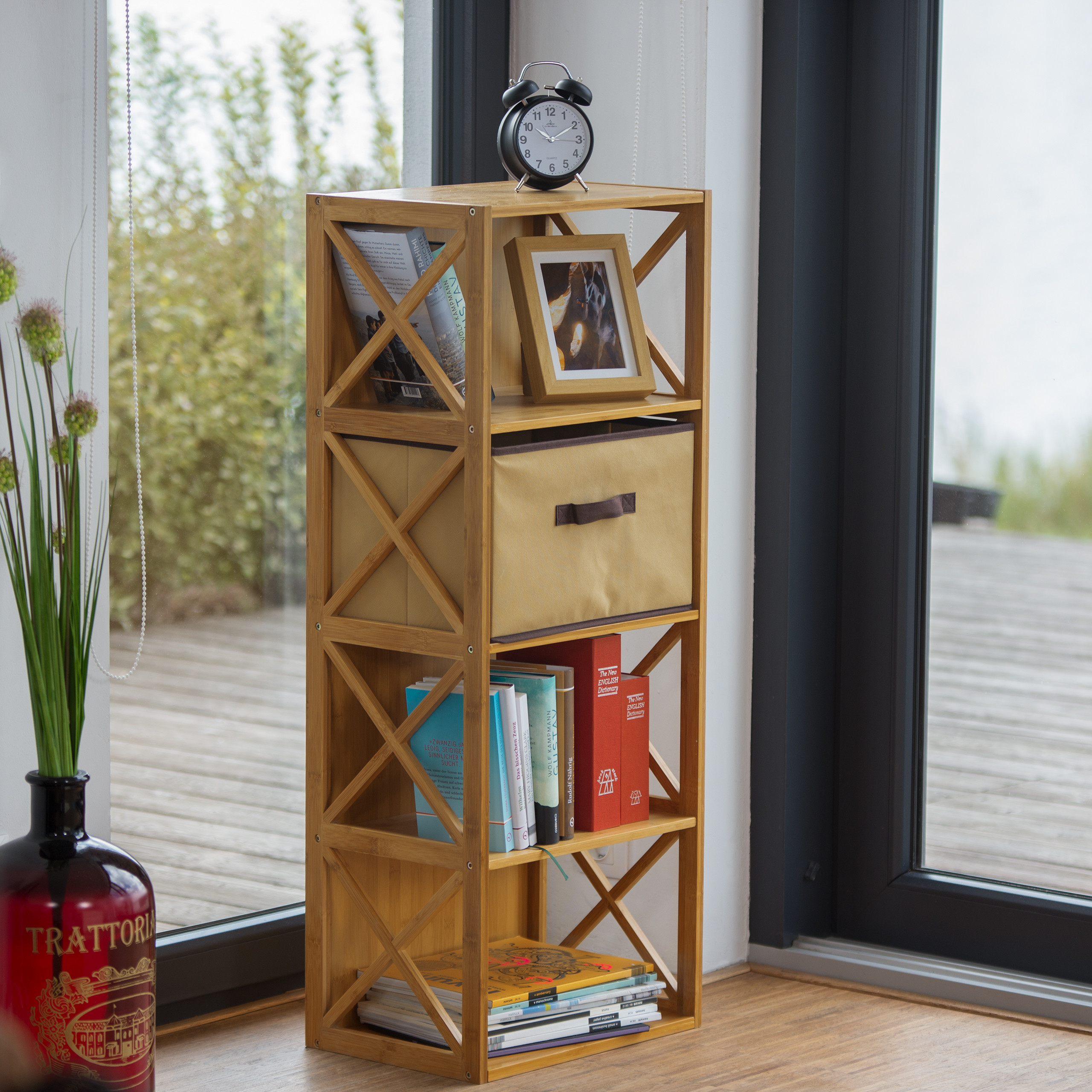 Regal Bambus mit Korb, Faltbox, 2-4 Ablagen, Holzregal natur