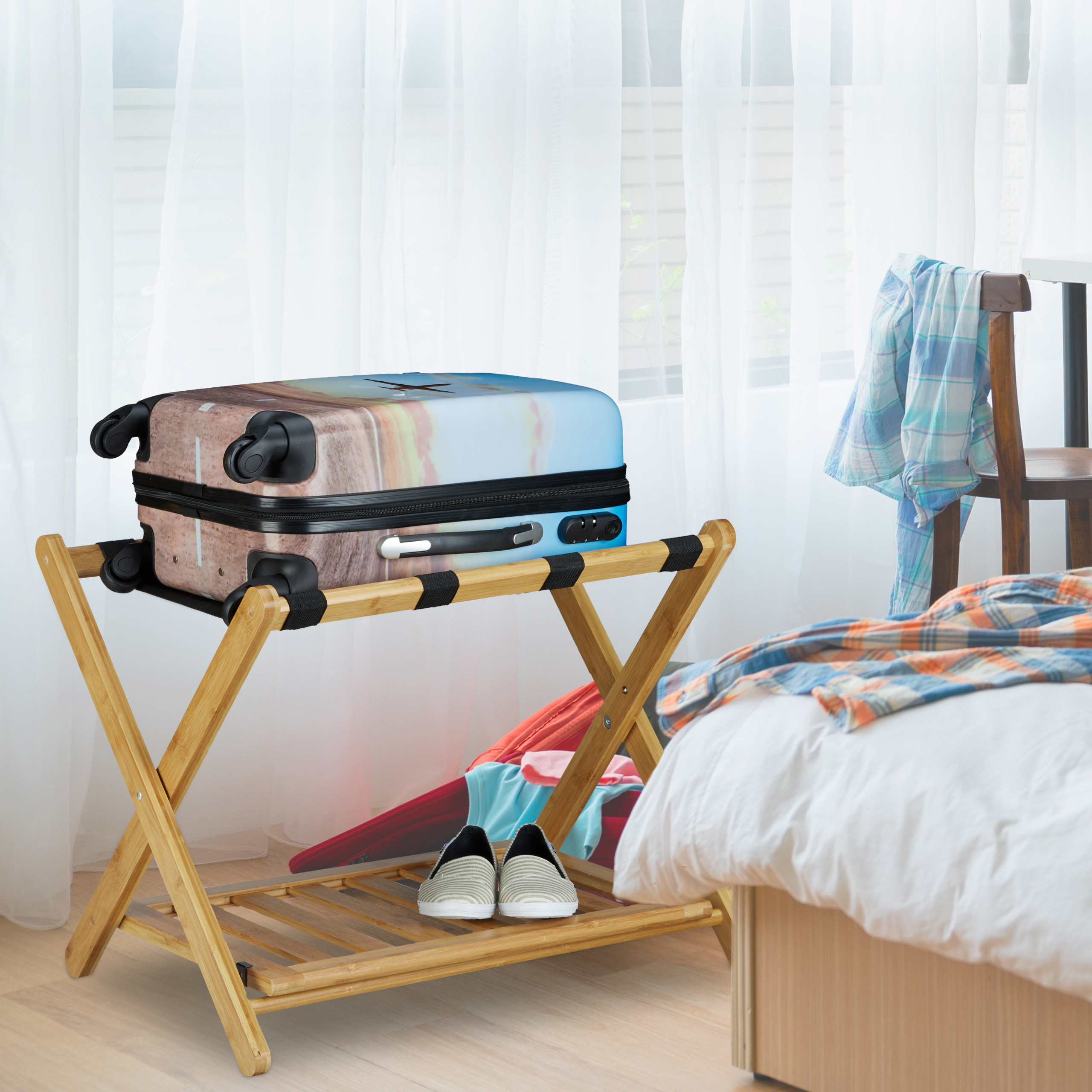 Kofferständer Bambus, Kofferbock zur Gepäckablage, Holz Gepäckständer