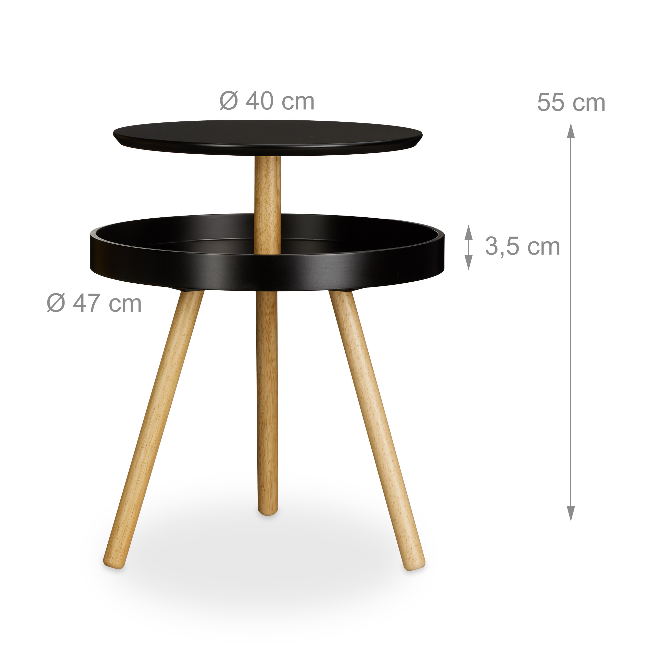 Beistelltisch rund mit Ablage in Weiß & Schwarz aus Holz, Dreibein