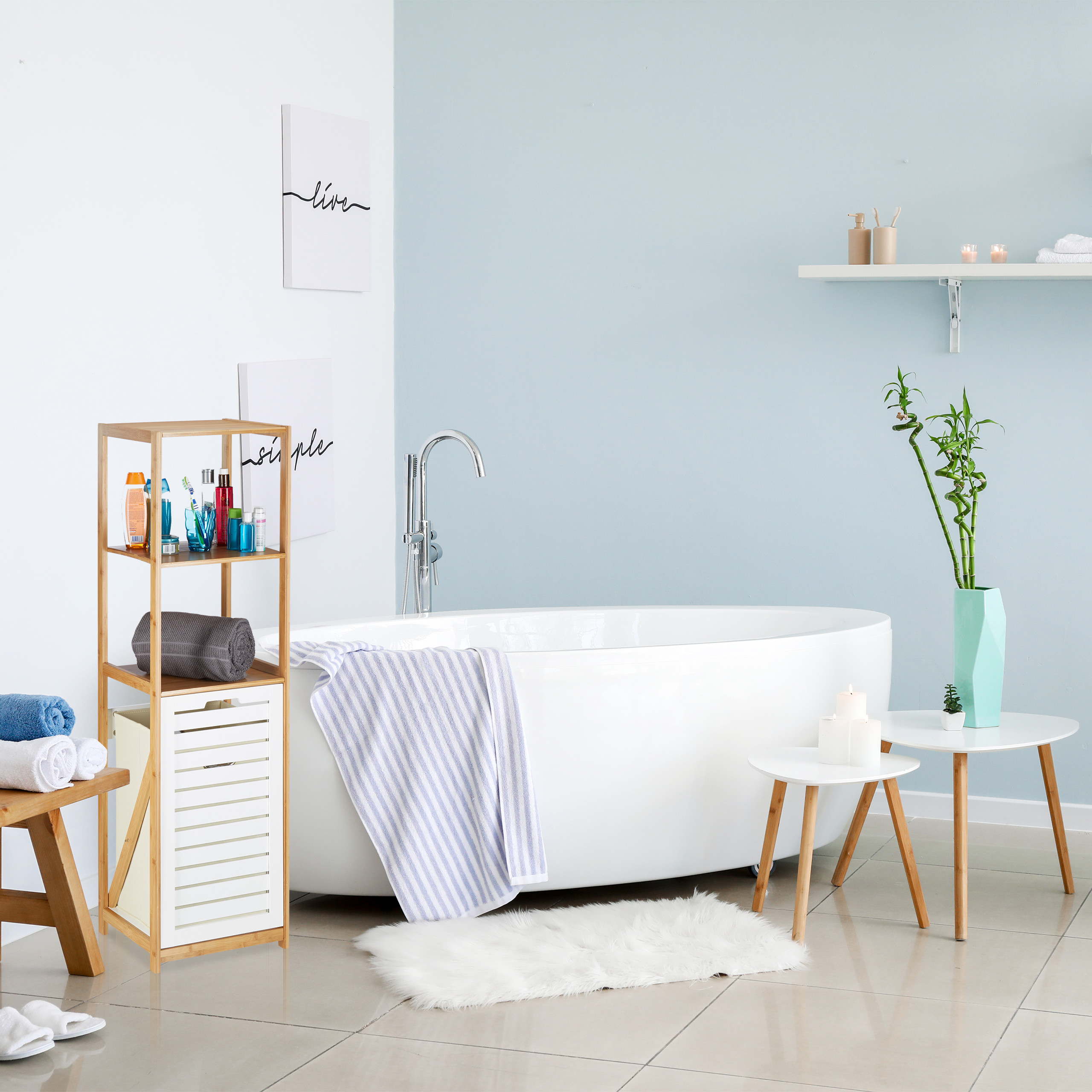 Badregal mit Wäschekorb, Badezimmer Regal Bambus, Bambusregal schmal