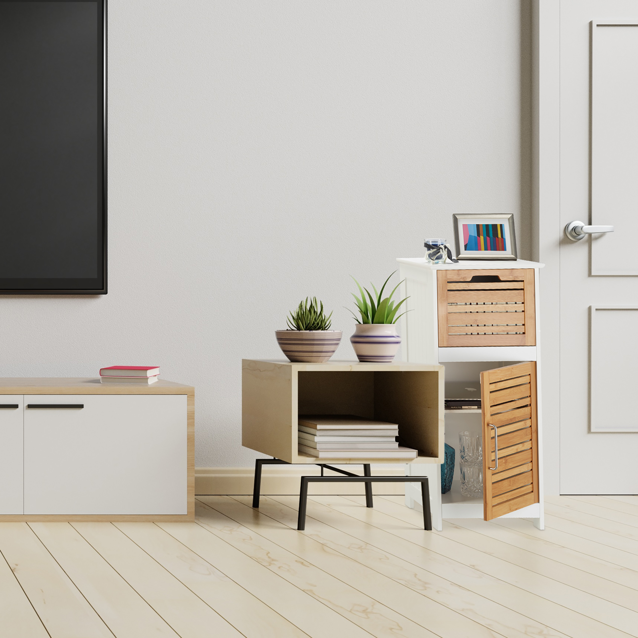 Beistellschrank, Badschrank weiß, Bambus Standregal, Mehrzweckschrank