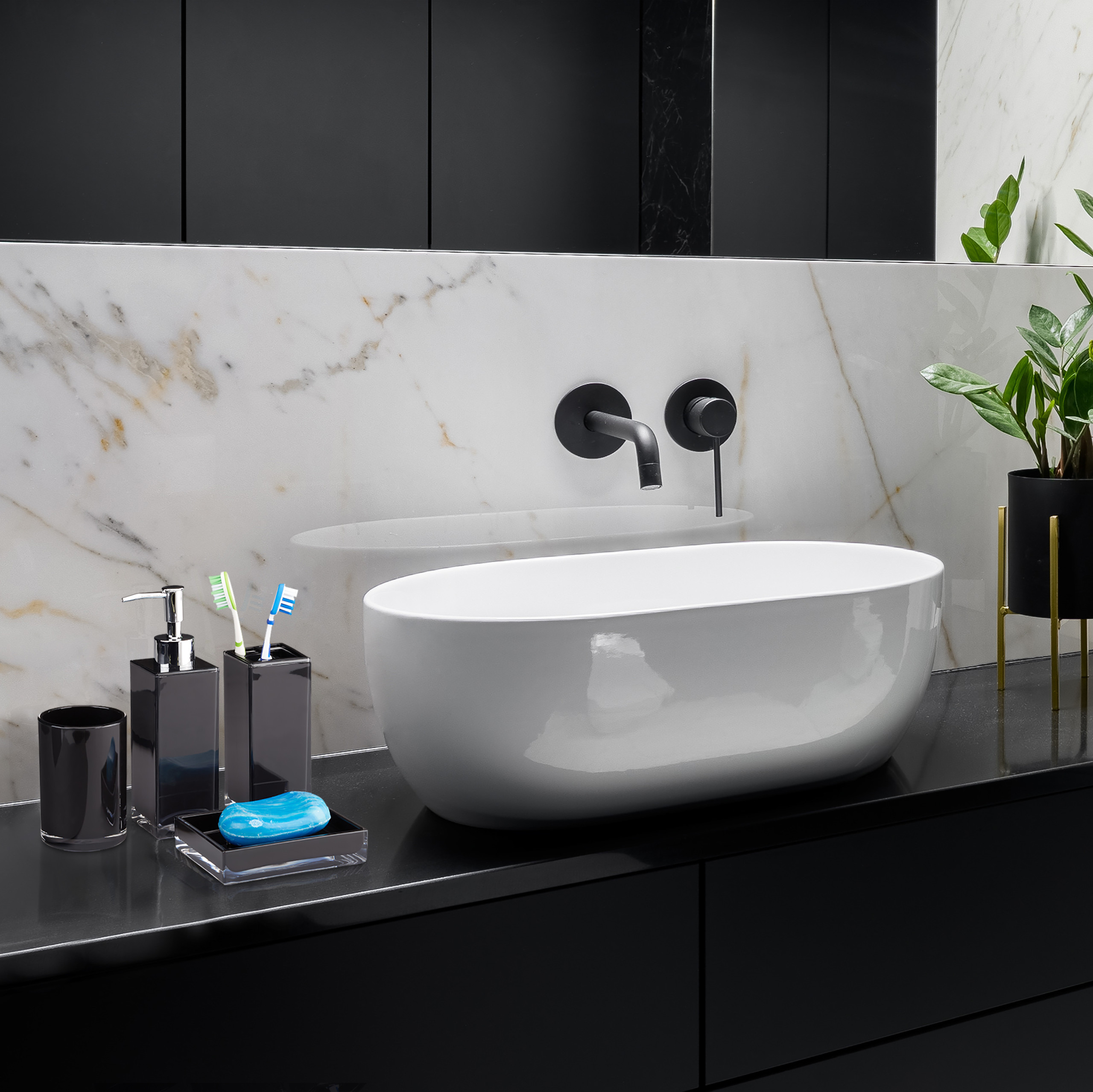 Badaccessoires Set 4-teilig, Badset schwarz, weiß, Badzubehör modern