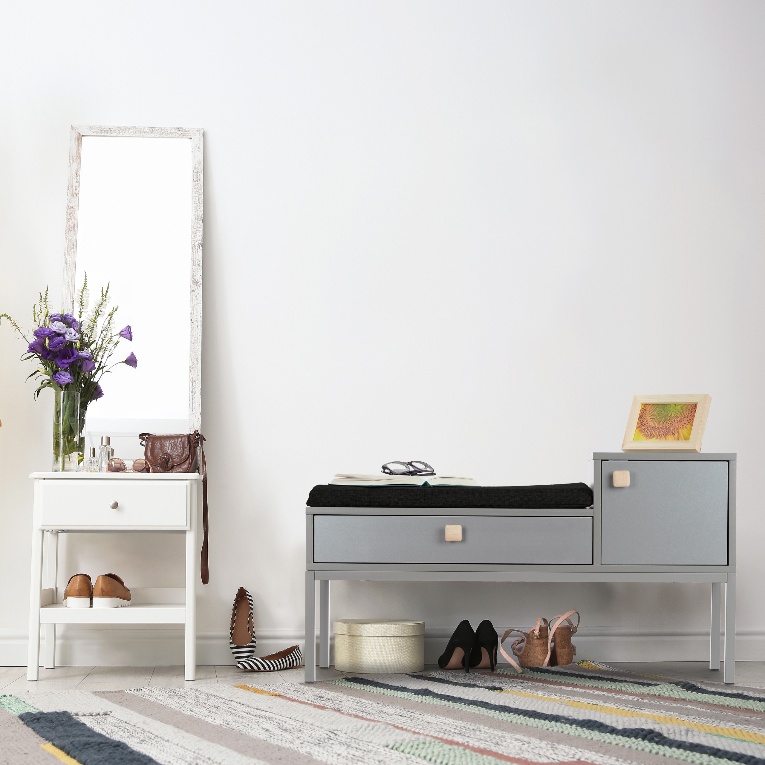 Flurkommode grau Sitzpolster Garderobenbank Schuhbank Flurban