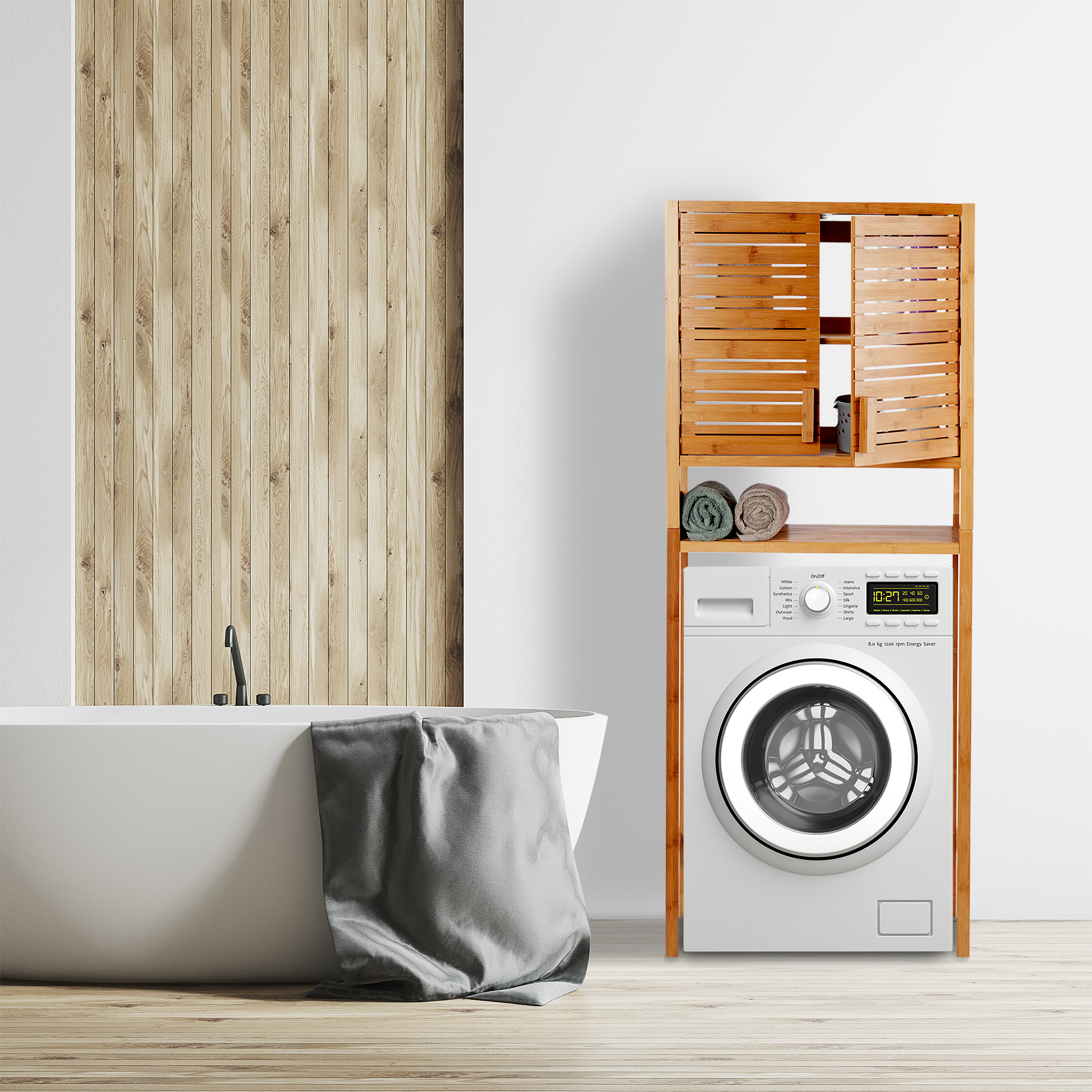 Waschmaschinenschrank Bambus Badschrank WC Hochschrank natur