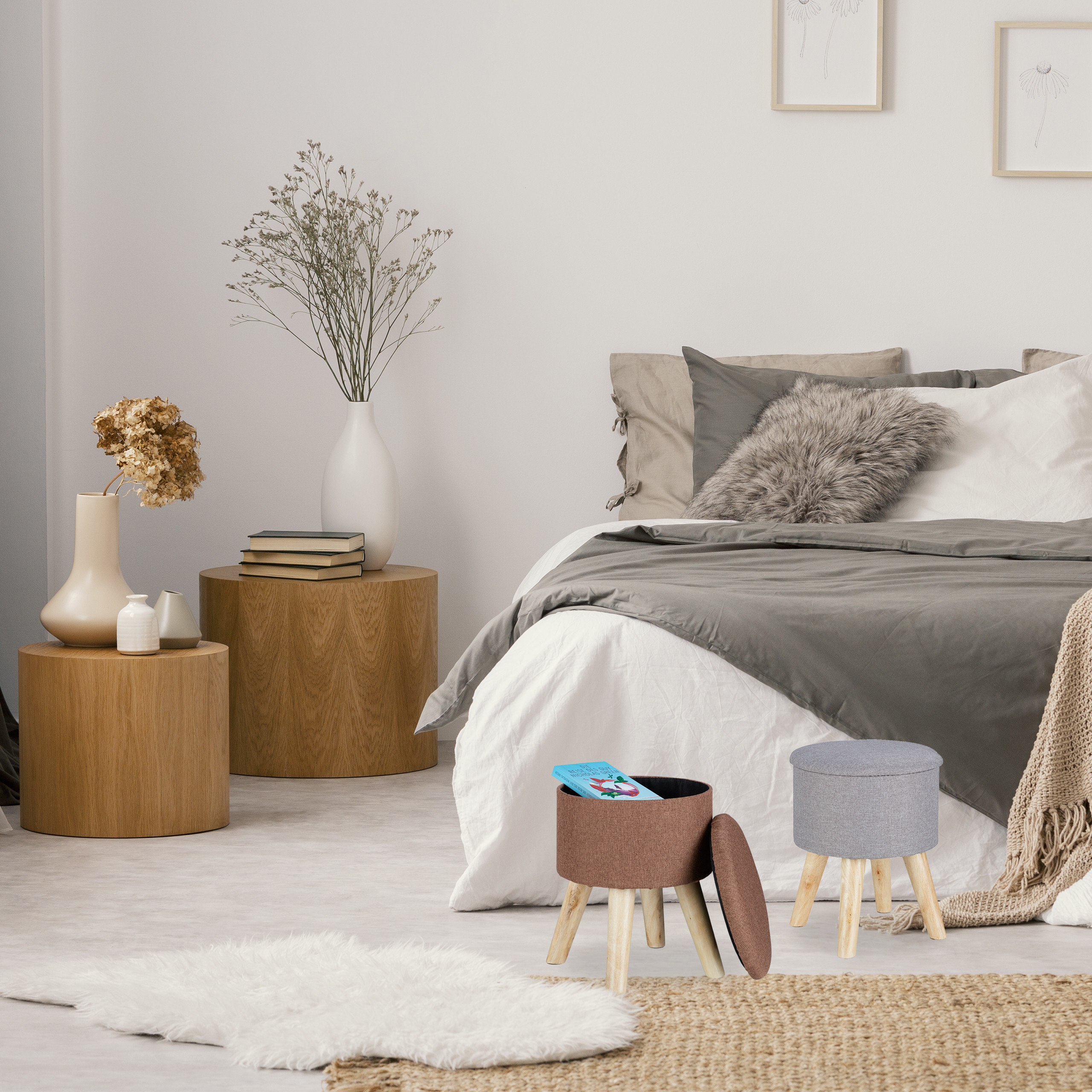 Hocker mit Stauraum Dekohocker Holzbeine Polsterhocker Beinhocker