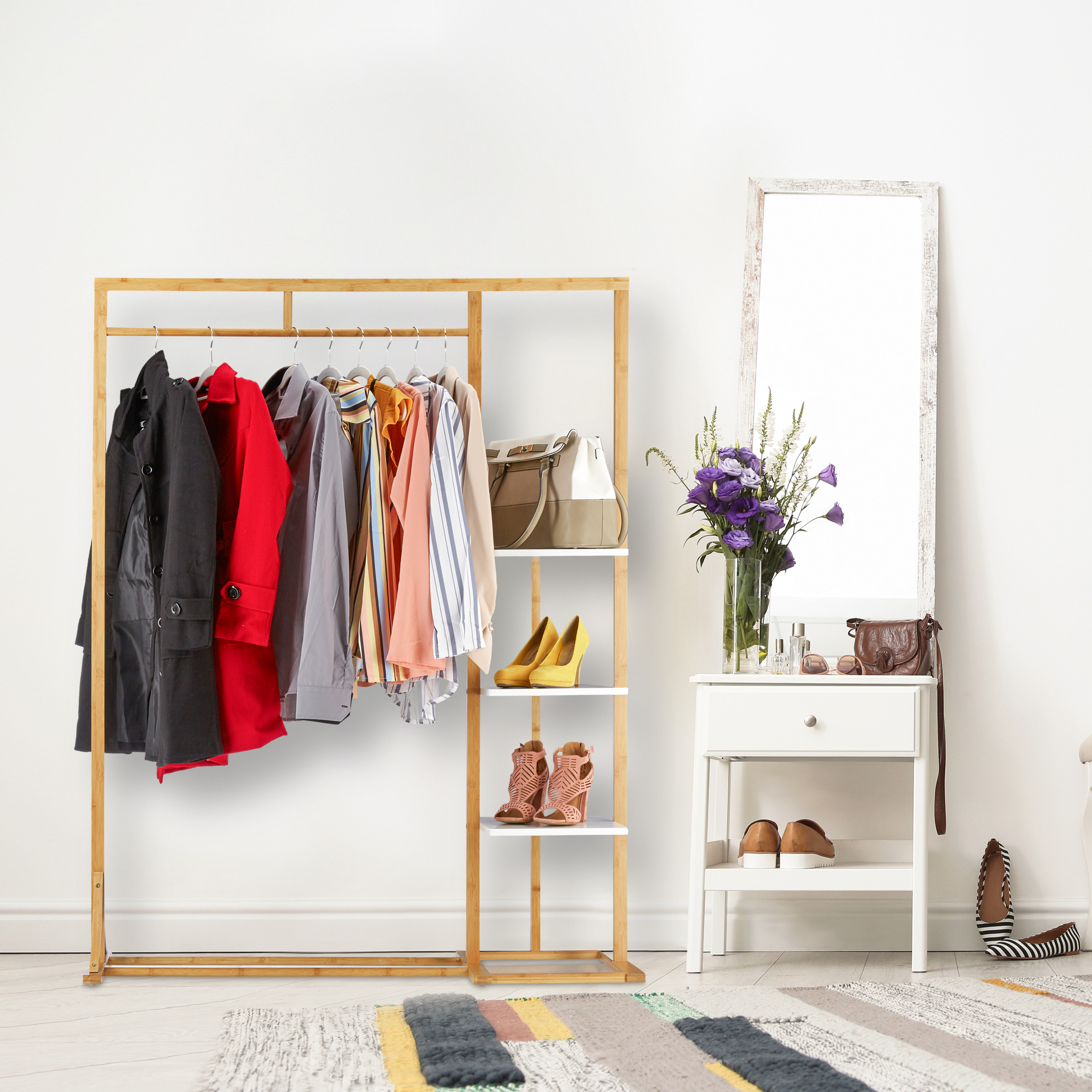 Portant vêtement bambou penderie porte vêtements bois tringle rangement