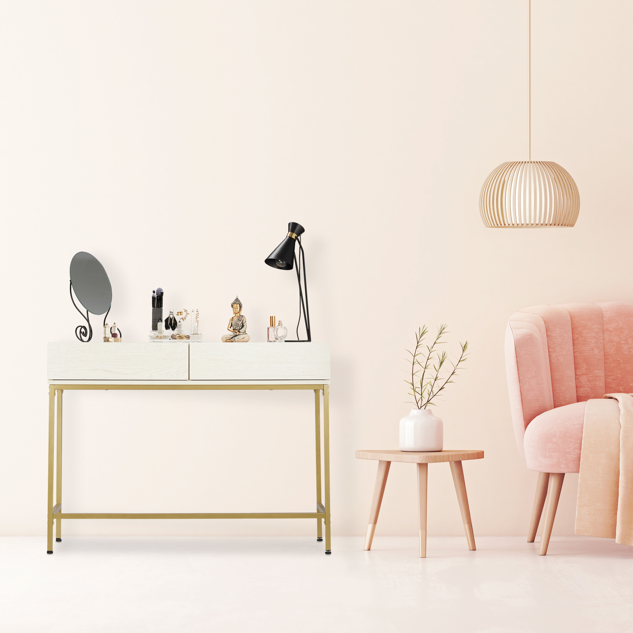 Konsolentisch weiß gold, Schubfächer, Schminktisch, Beistelltisch breit