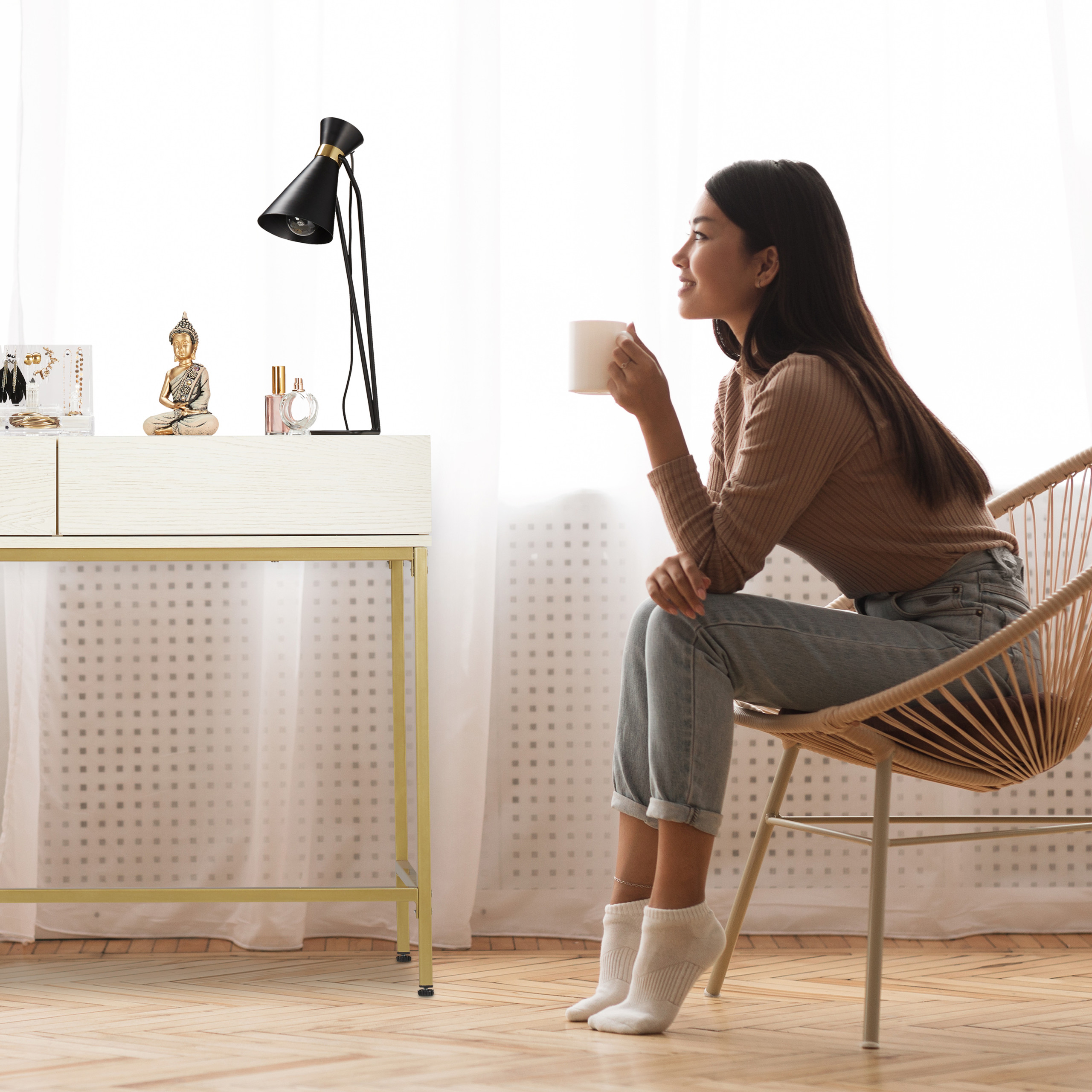 Konsolentisch weiß gold, Schubfächer, Schminktisch, Beistelltisch breit