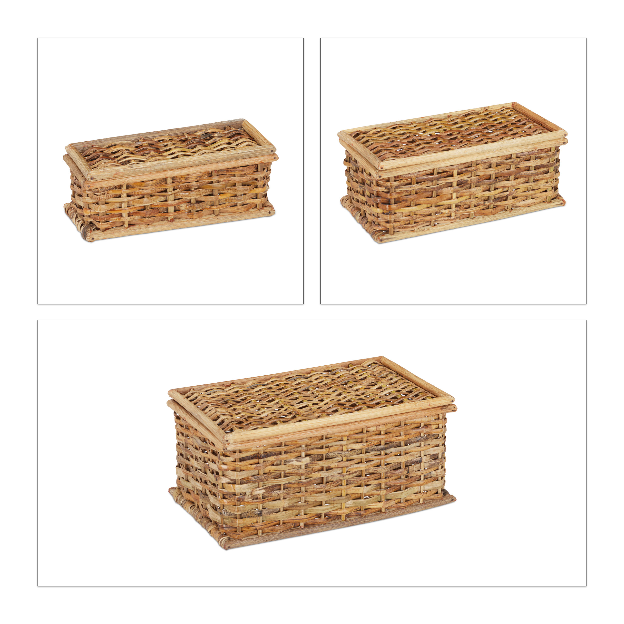 Körbchen 3er Set Rattan Dekokiste Deckel Aufbewahrungskörbe Korbset
