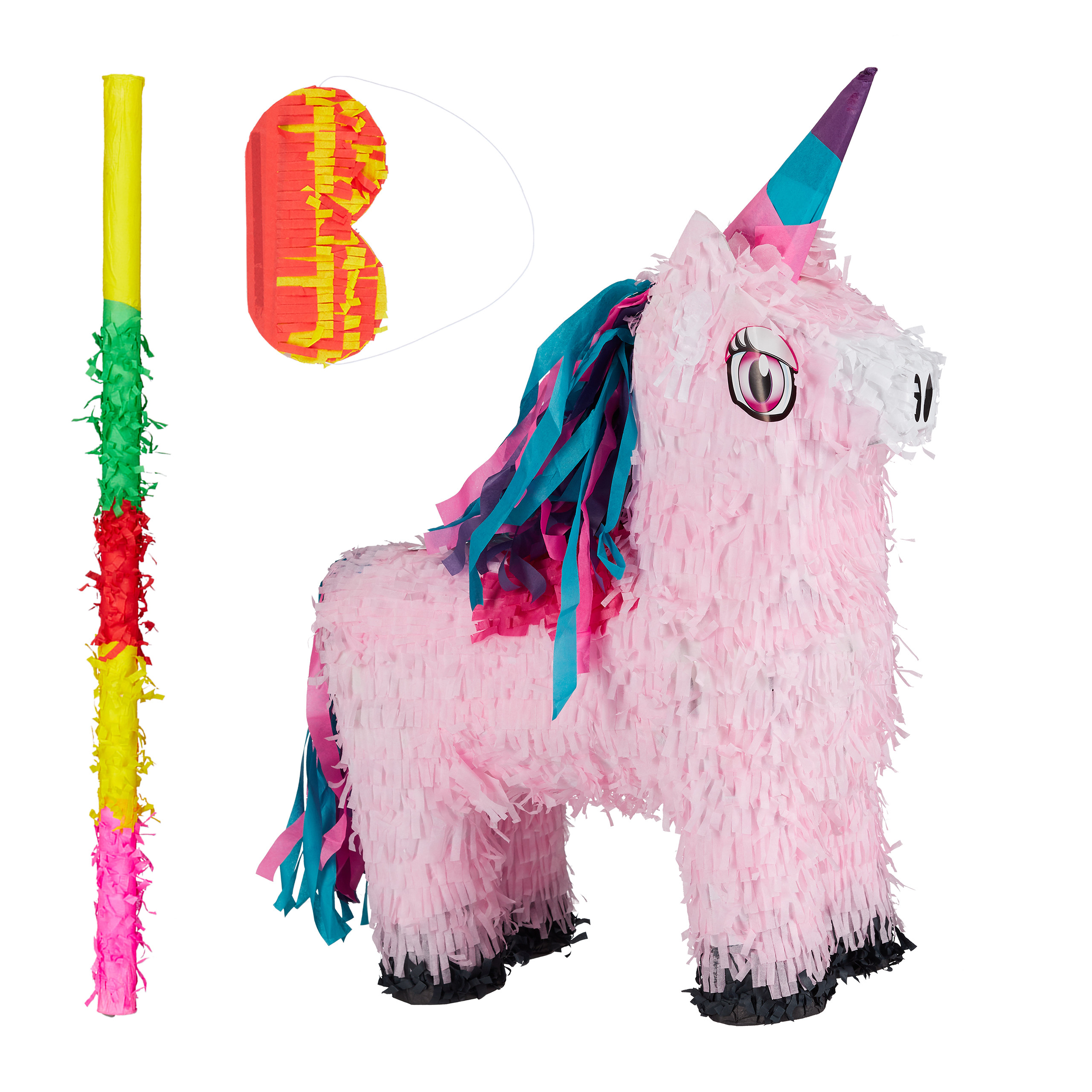 3 tlg Pinata Set Einhorn pink Pinatastab /& Augenmaske Geburtstagspinata Unicorn