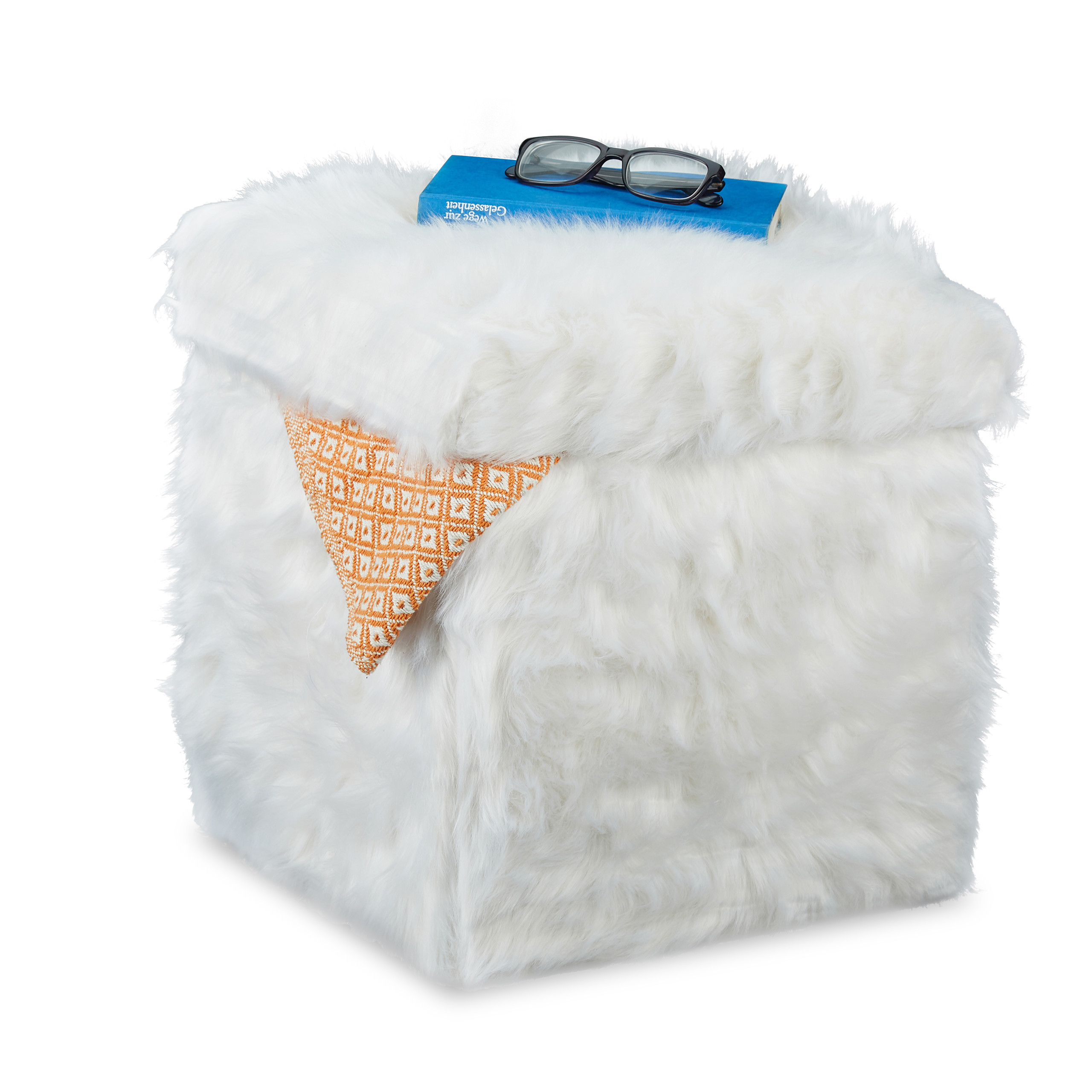 Gepolstert Pl/üsch Hocker mit Stauraum Faltbar 40 L Sitzbox HxBxT: 39 x 38 x 38 cm Relaxdays Sitzw/ürfel Fell wei/ß