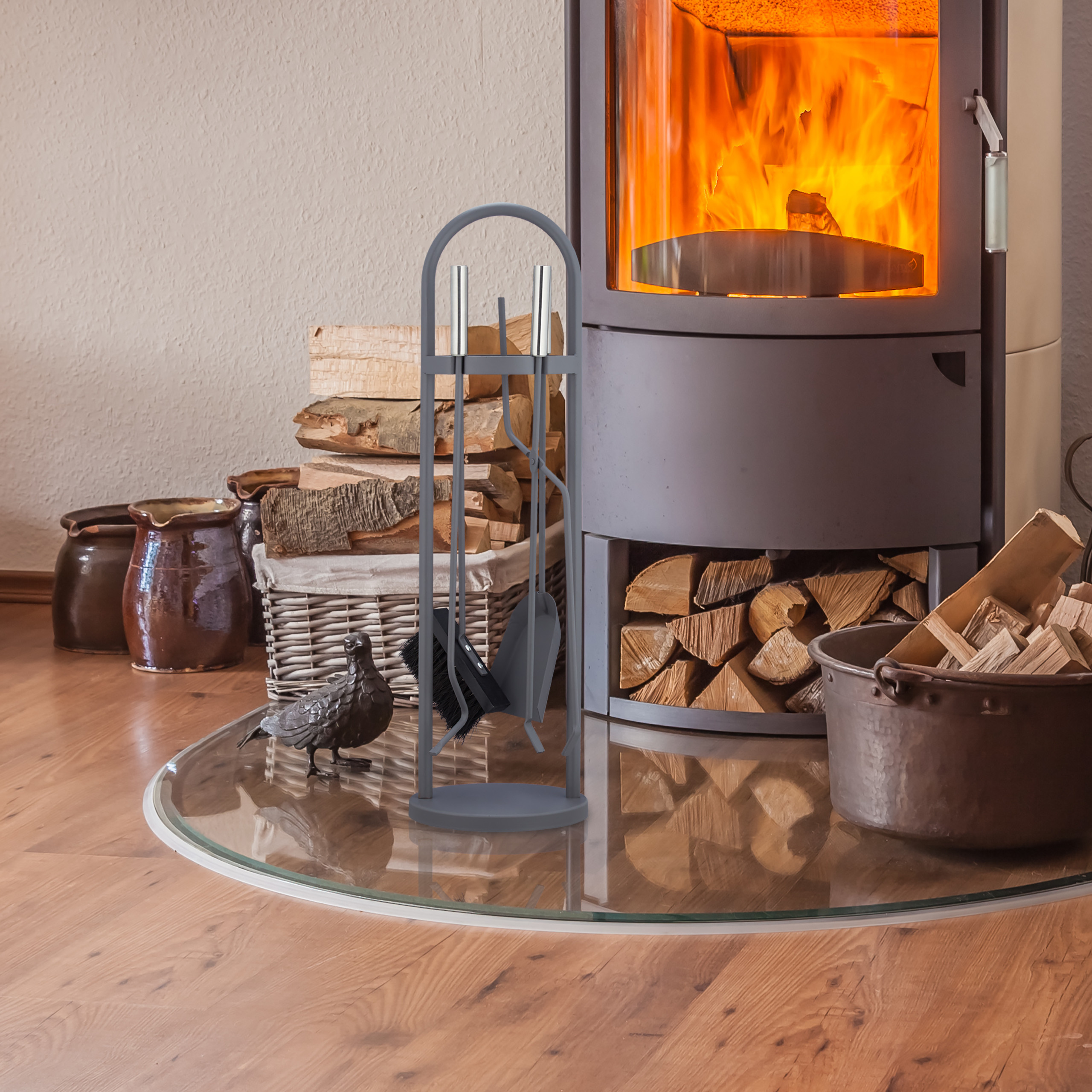 Kaminbesteck modern 5-teilig Ofenbesteck grau Kaminzubehör