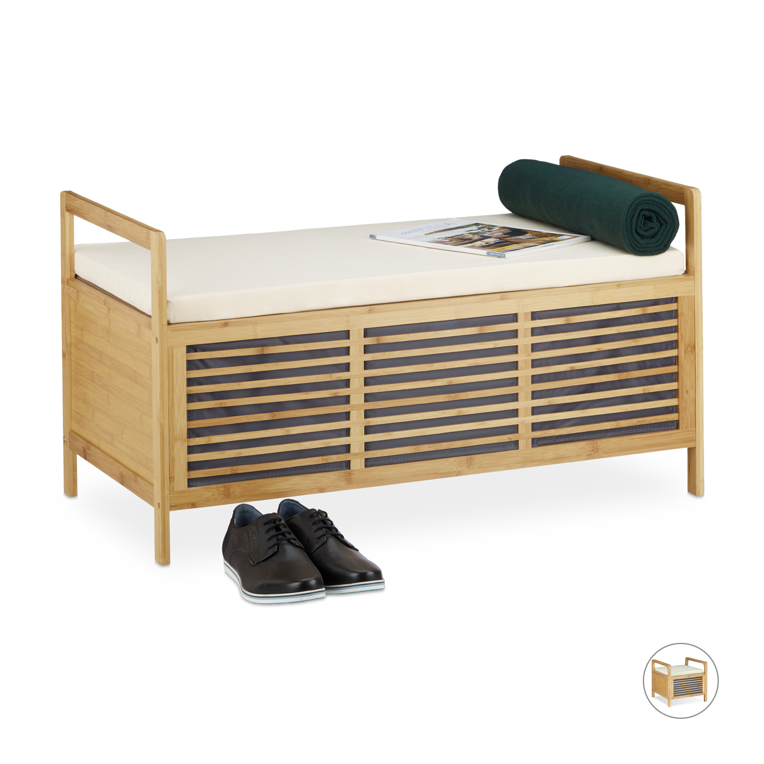 Bambus Hocker Stauraum mit Sitzkissen, Polsterhocker, Sitzbank, Bambus