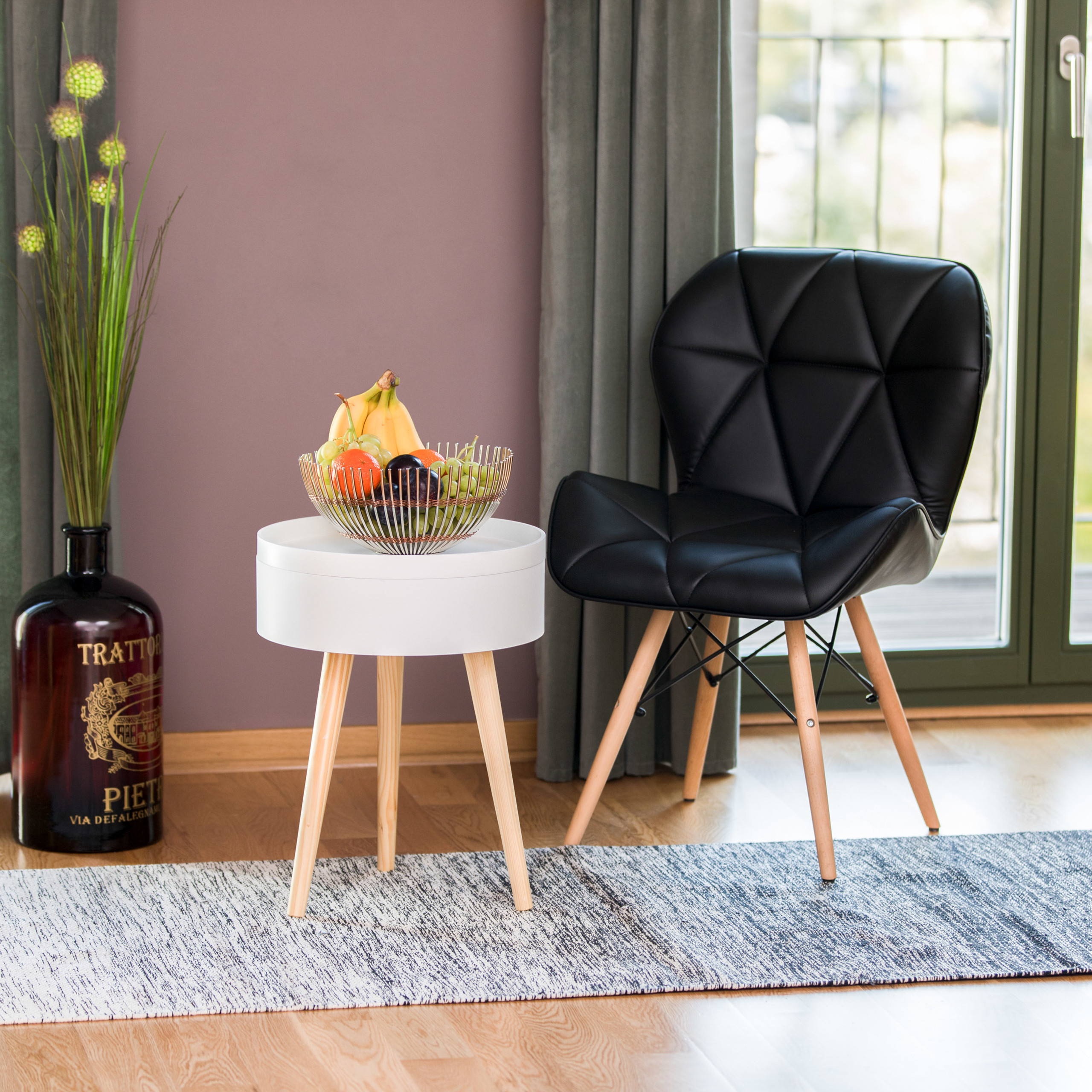 Mesa auxiliar redonda, Mesita noche blanca con bandeja y almacenaje, 50