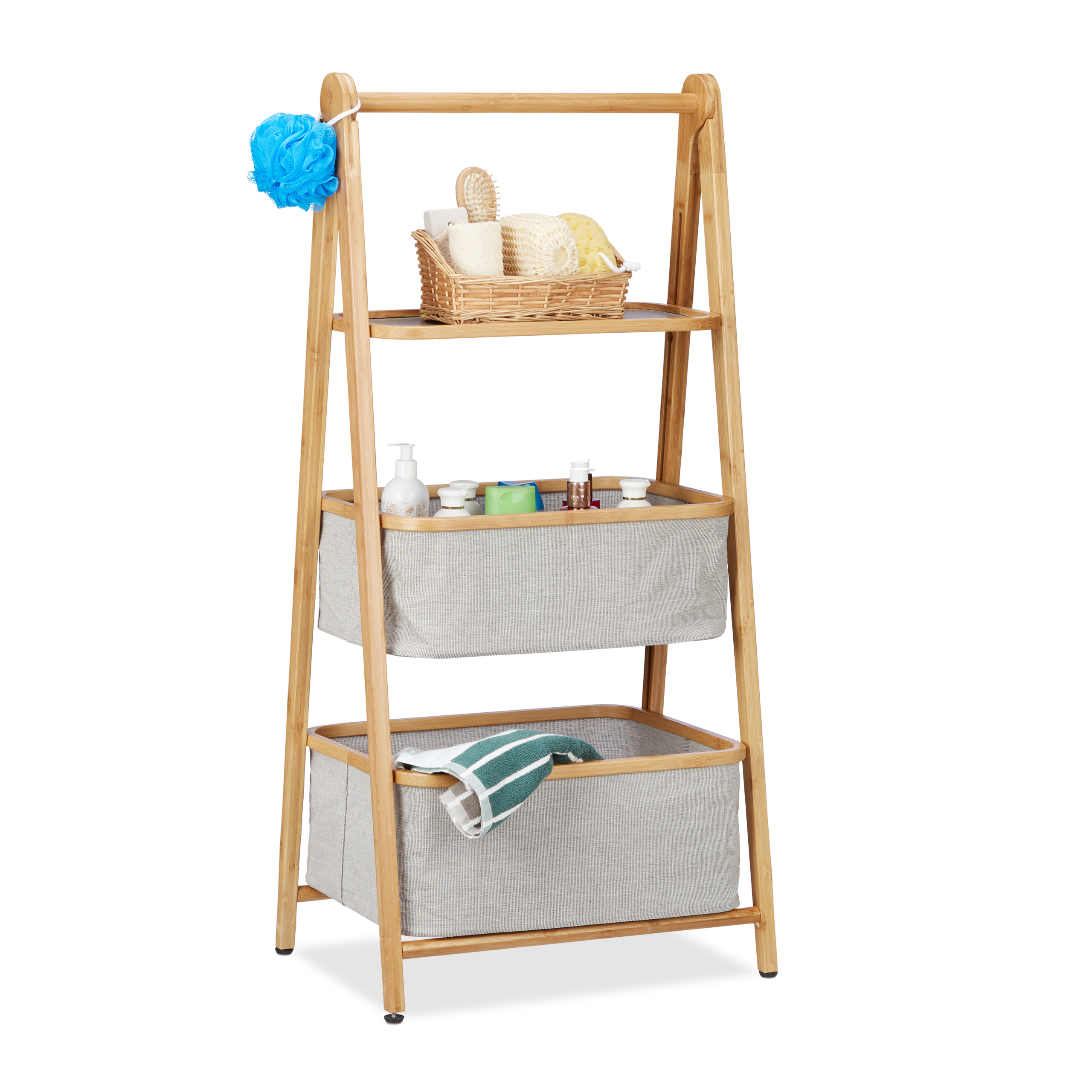 Estantería de pie, Plegable, Bambú y tela, Escalera para baño, 3