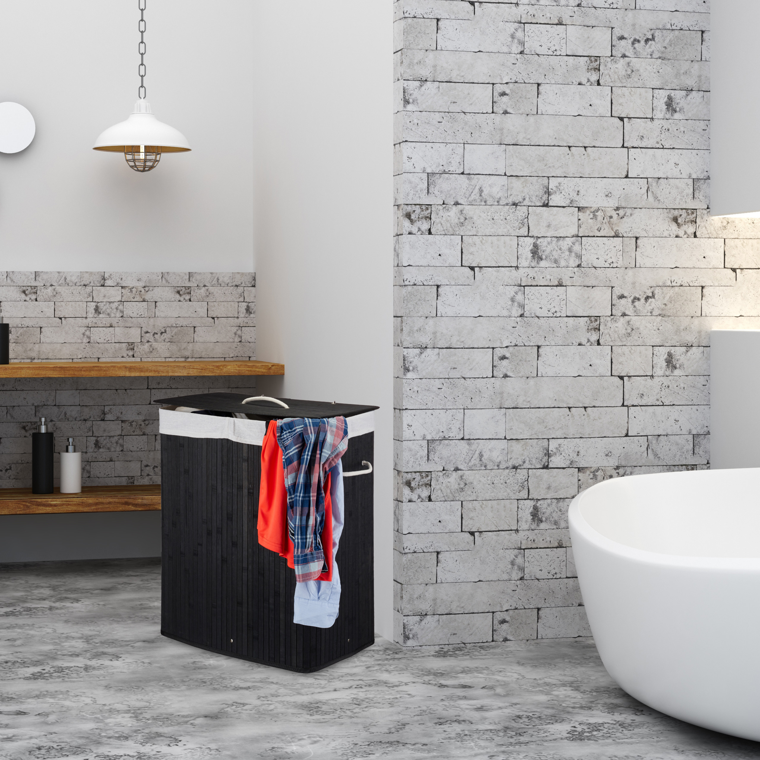 Wäschekorb Wäschesammler Bambus 2 Fächer Wäschebox 95 l faltbar mit