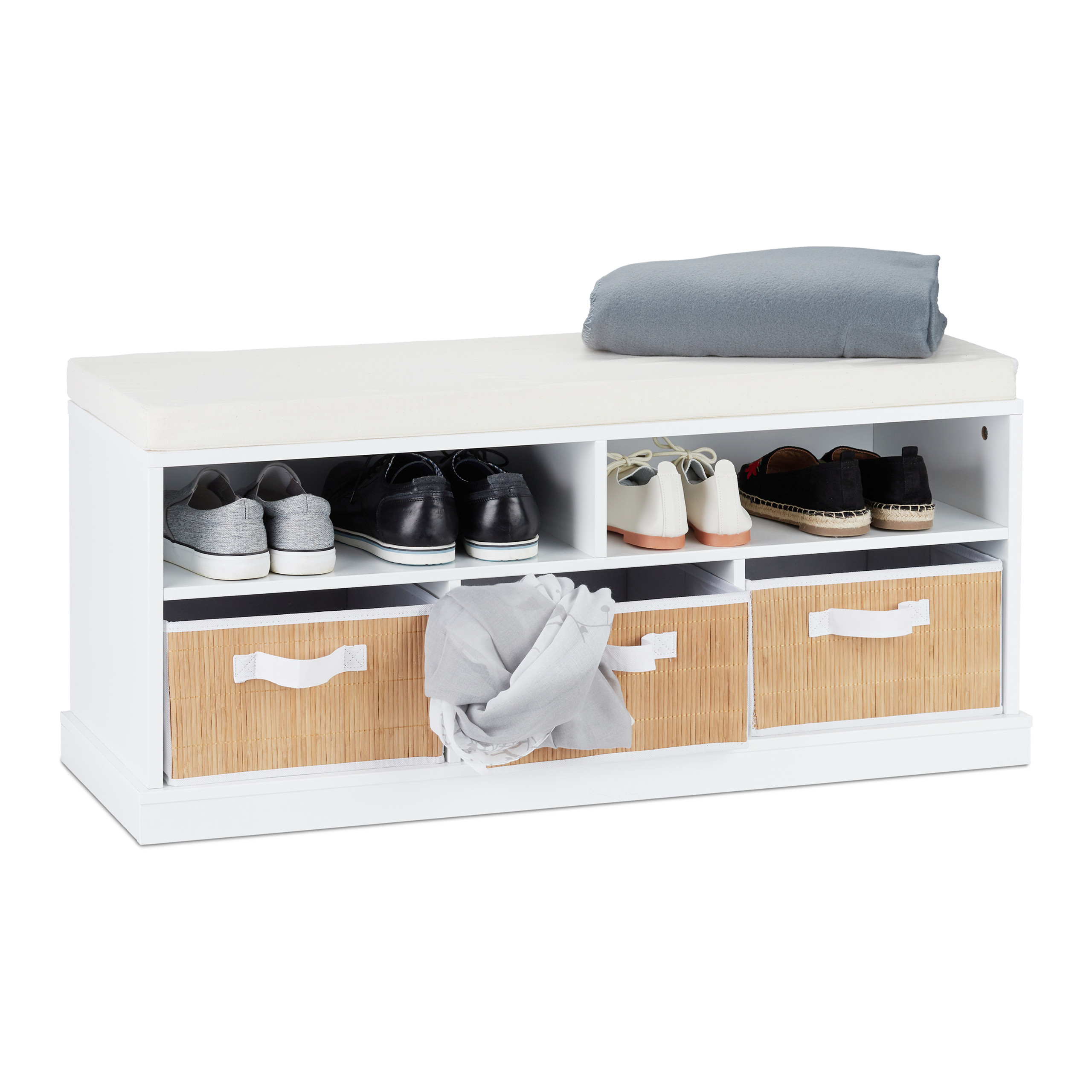 Banco zapatero acolchado, Zapatero blanco, Banco almacenaje con 3