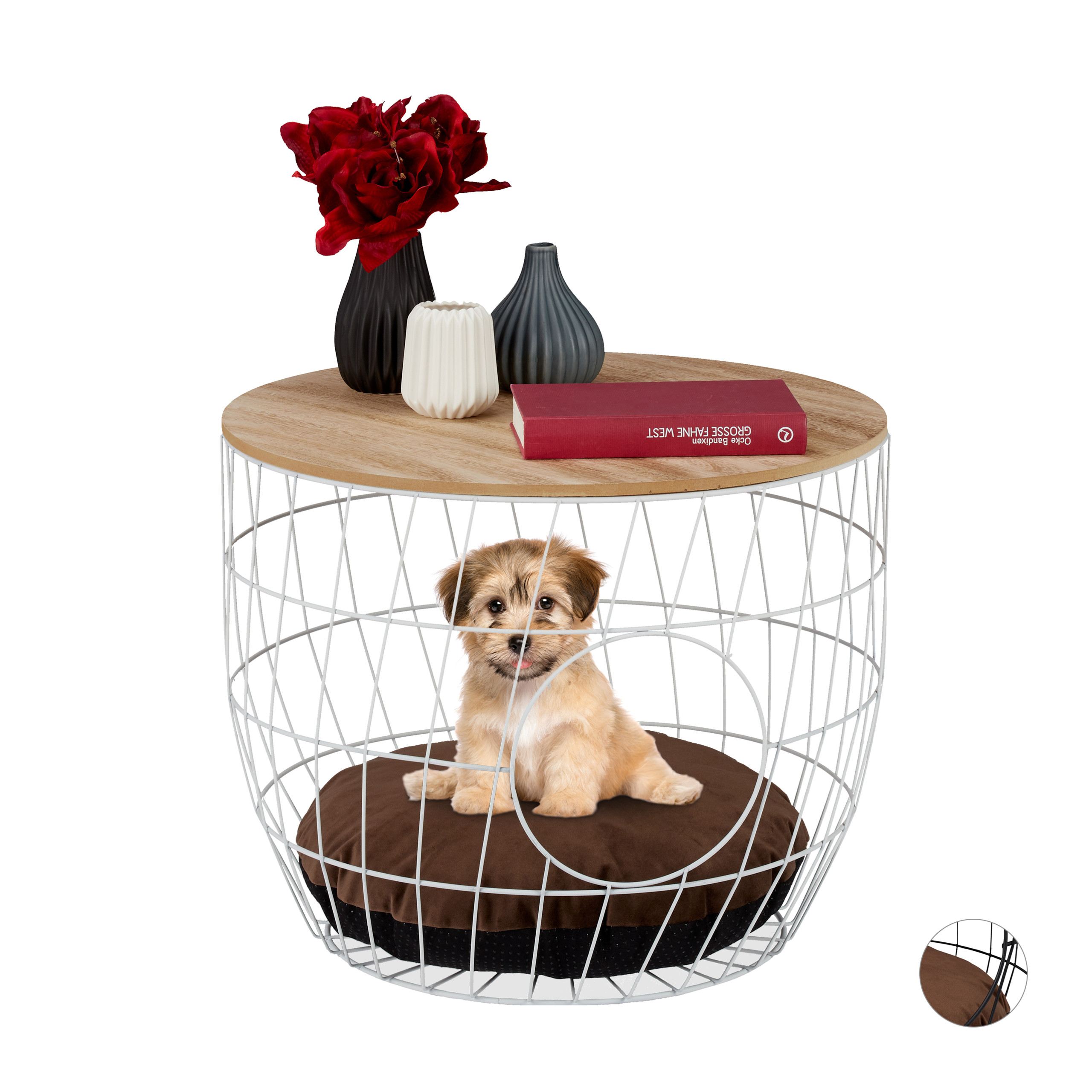 Mesa auxiliar con cama cueva, Mesa decorativa con cojín para perro o