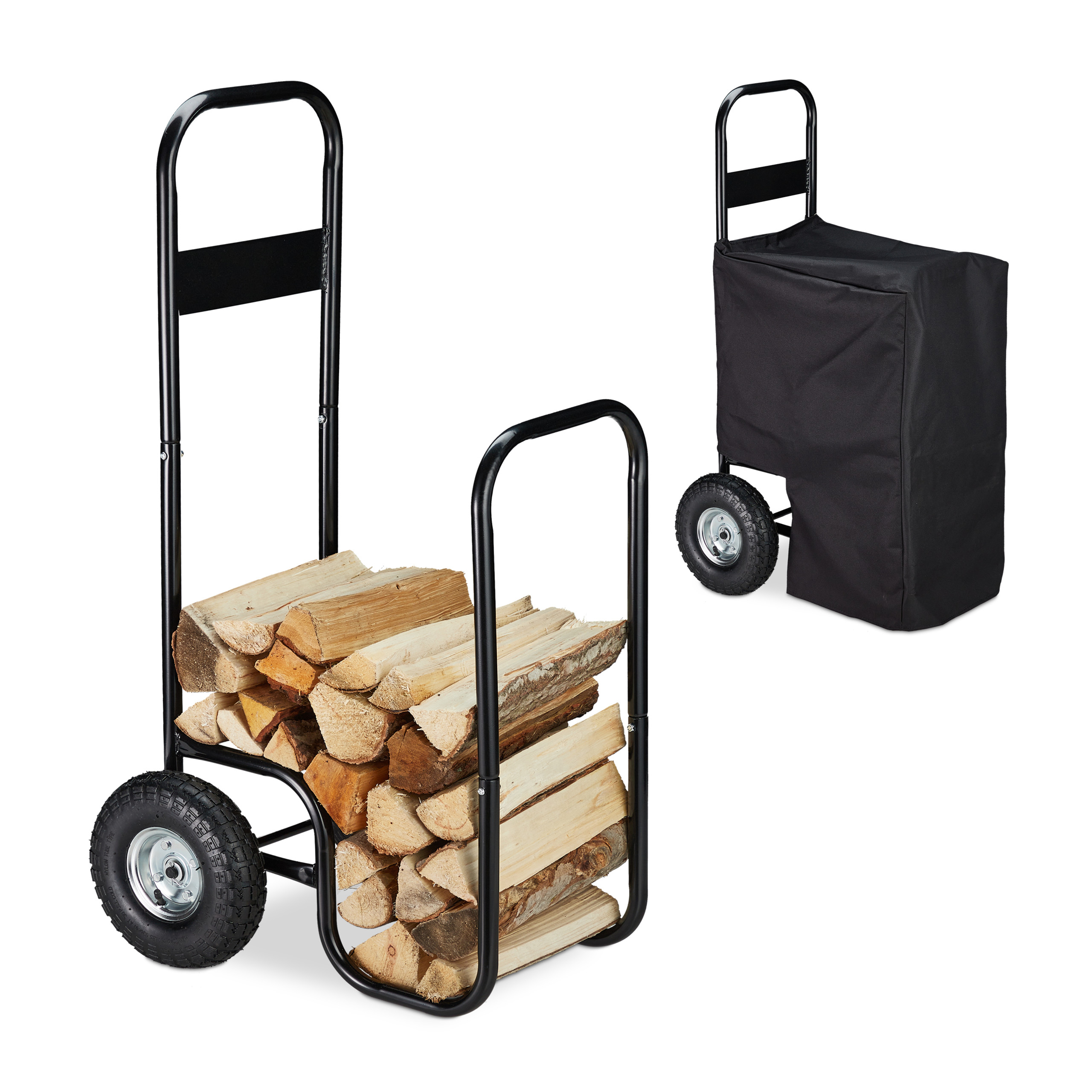60 kg Relaxdays Carrello Porta Legna in Metallo Carrellino Trasporto Nero Telo Resistente alle Intemperie 2 Ruote