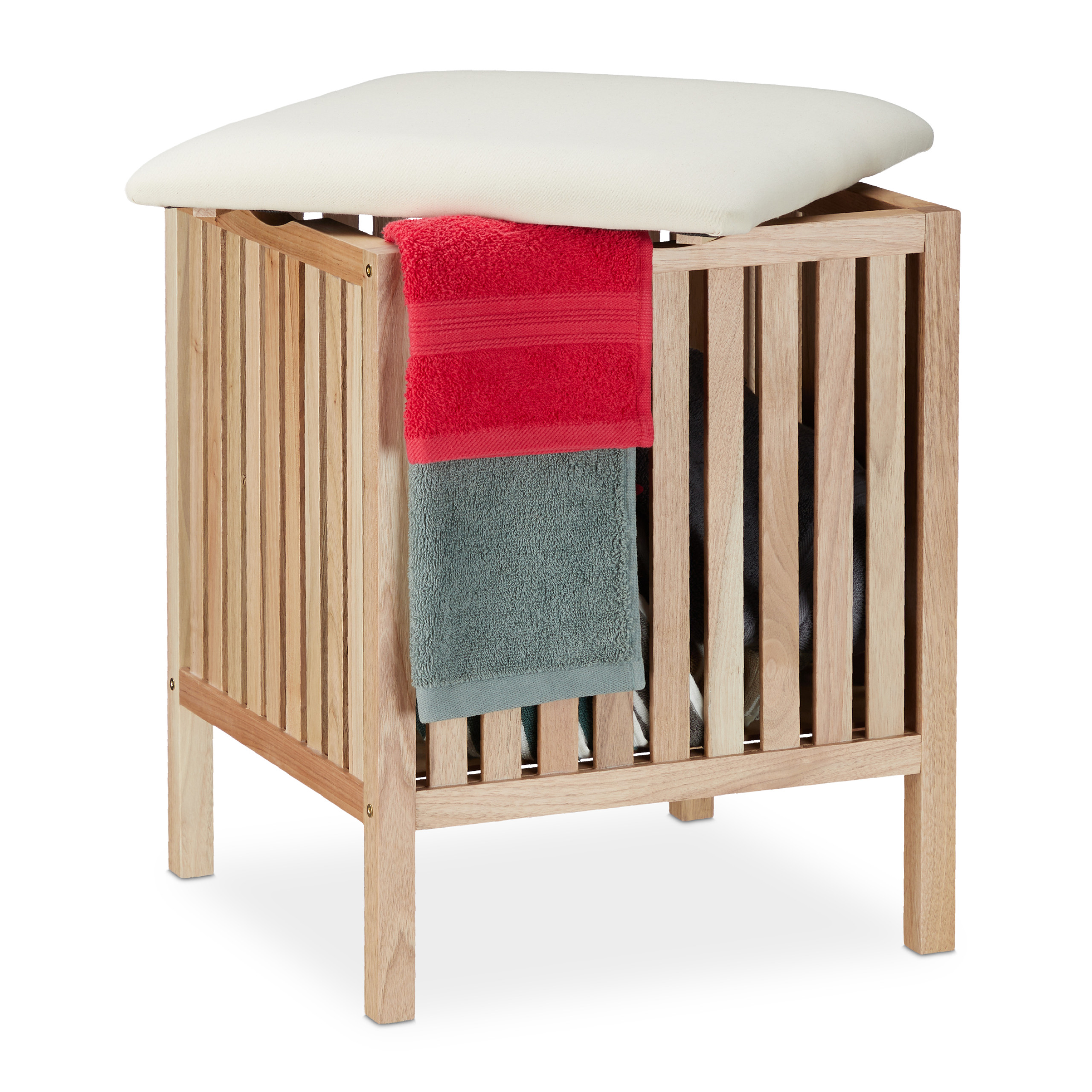 Wäschekorb mit Sitz, Wäschesammler Holz, Wäschetruhe 40l, Badhocker mit