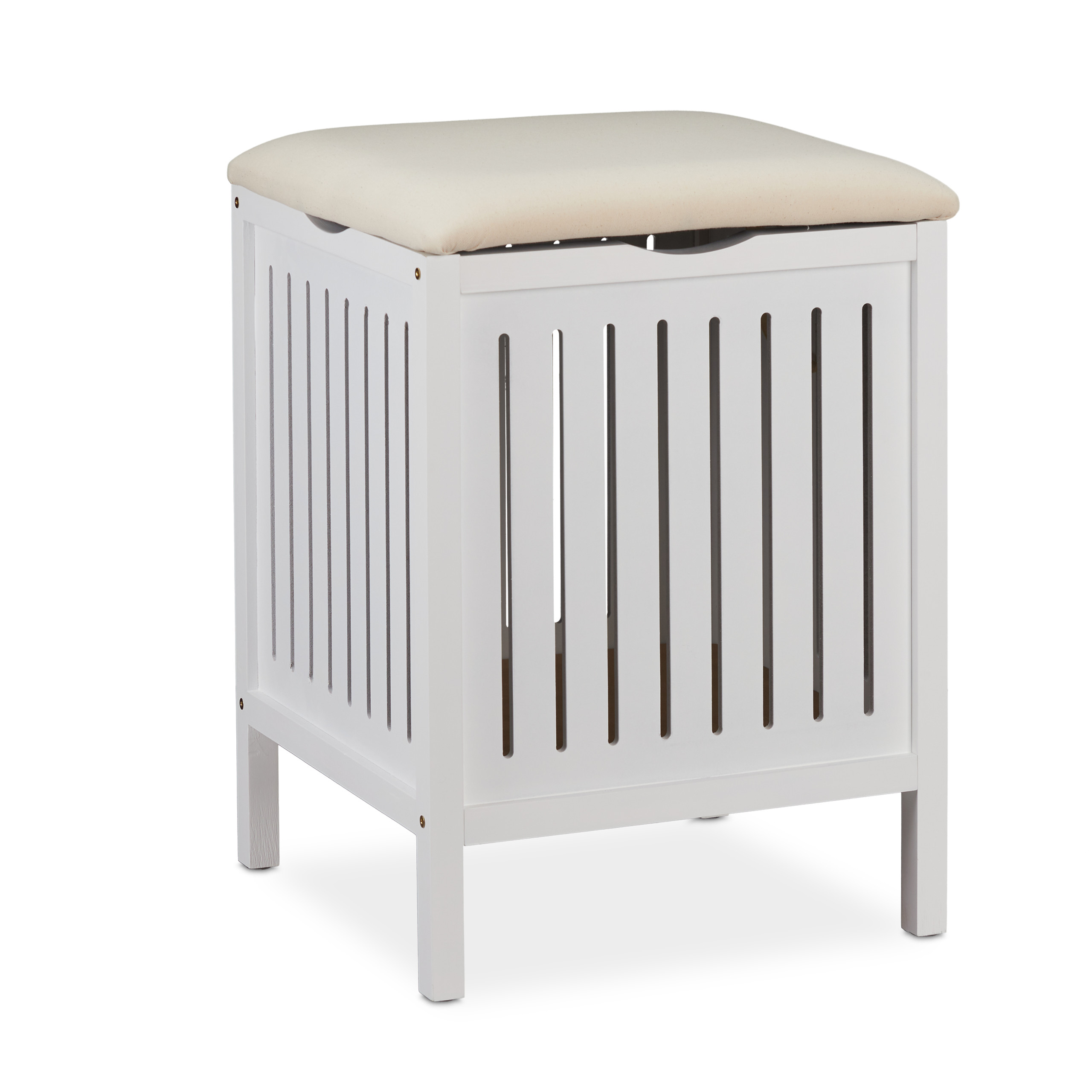 Wäschekorb mit Sitz, Wäschehocker Weiß, Wäschesammler Holz Badhocker