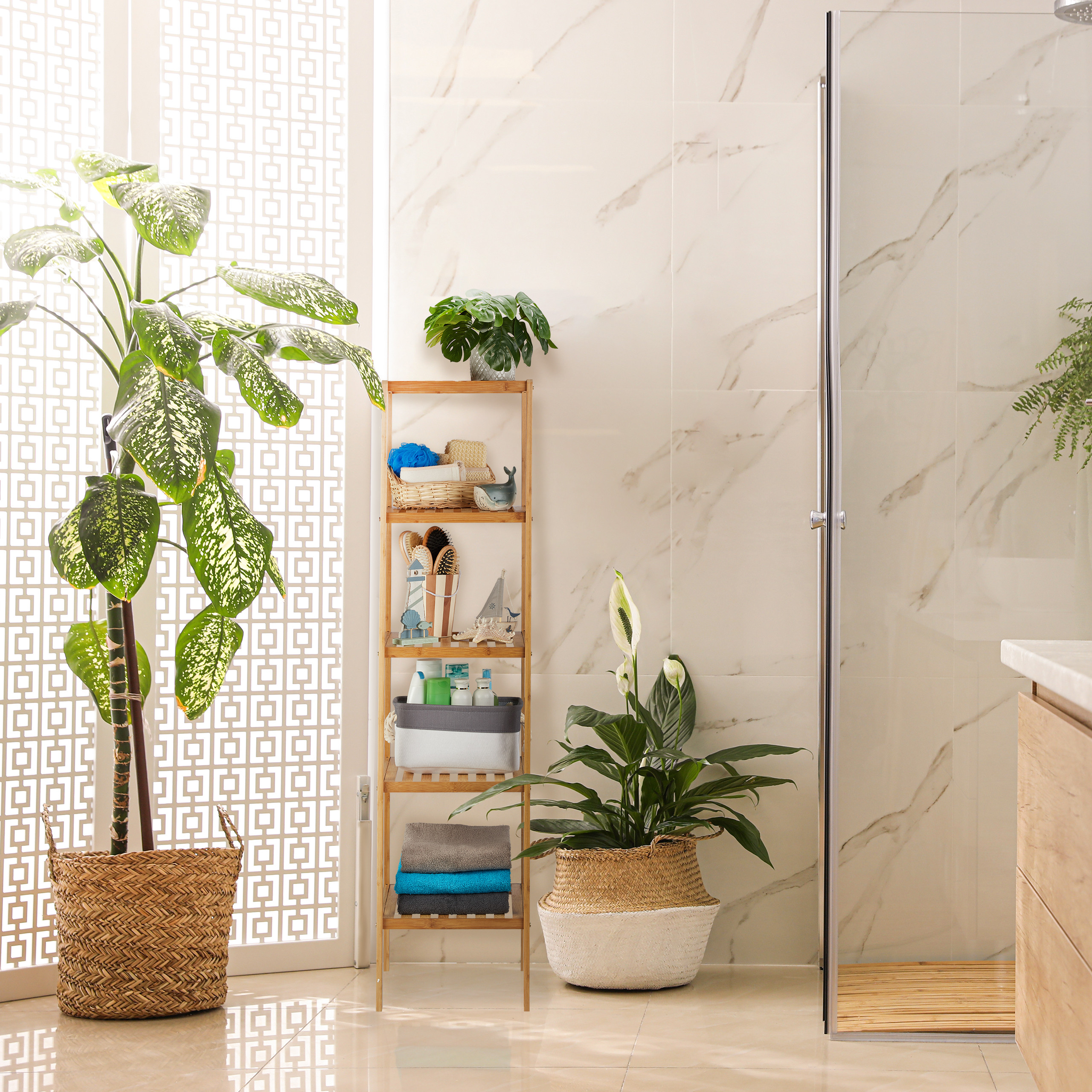 Badregal Bambus 5 Ablagen, Handtuchregal Badezimmer, Regal Bad