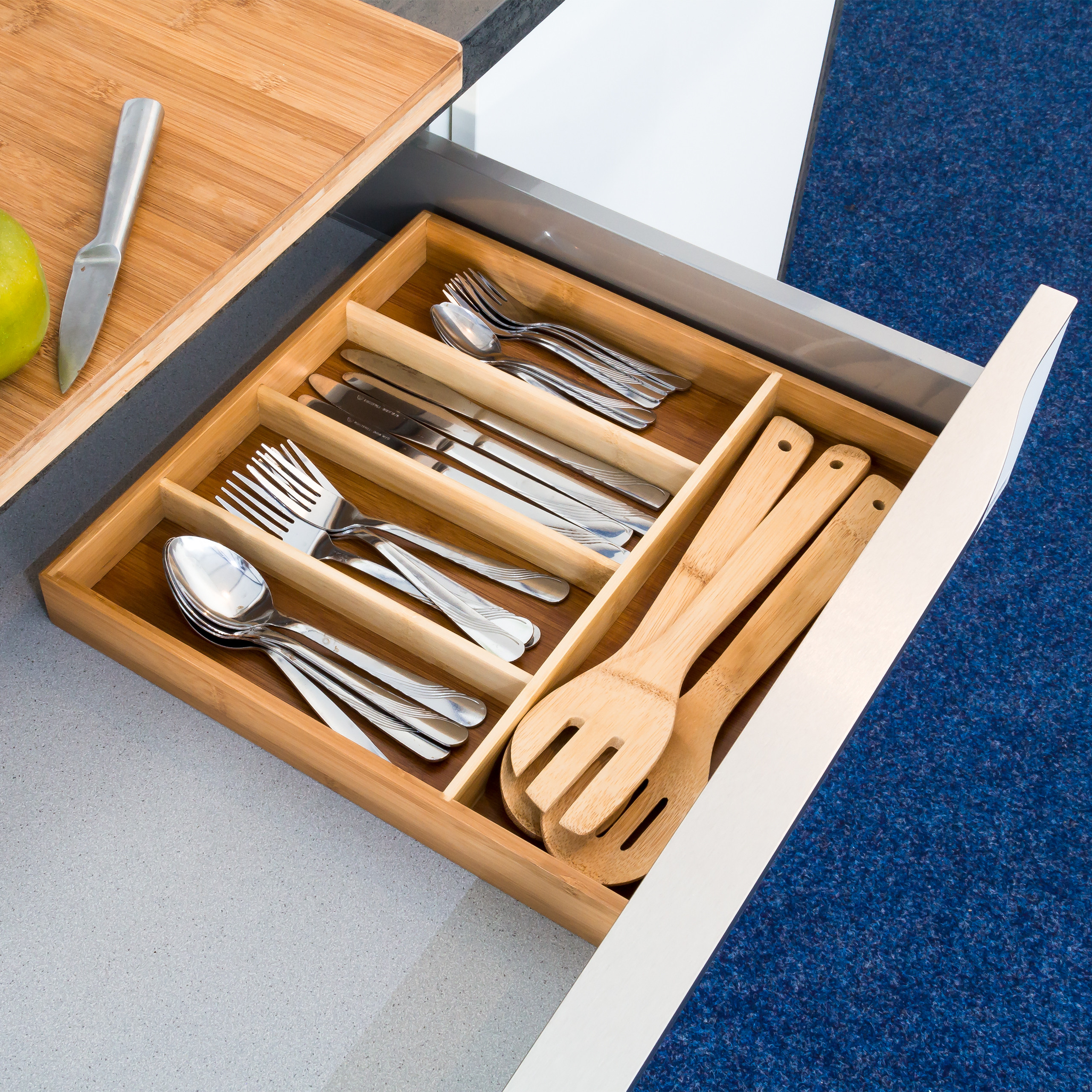 Caja de cubiertos cubiertos uso bambú 5 compartimentos cajones uso