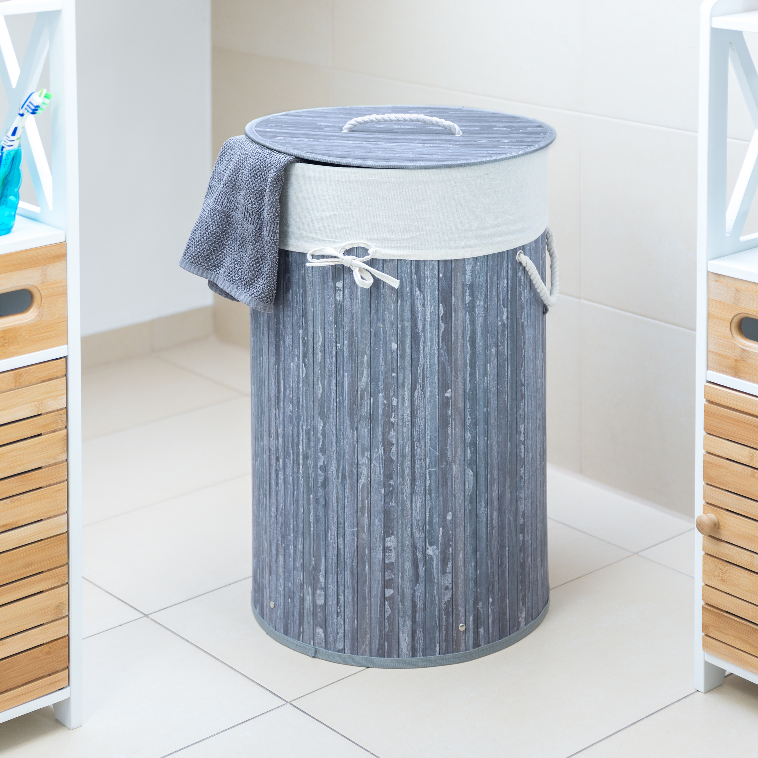 LAUNDRY BASKET BAMBOO Round 70l Hamper Laundry Chest Laundry Tonne Lid