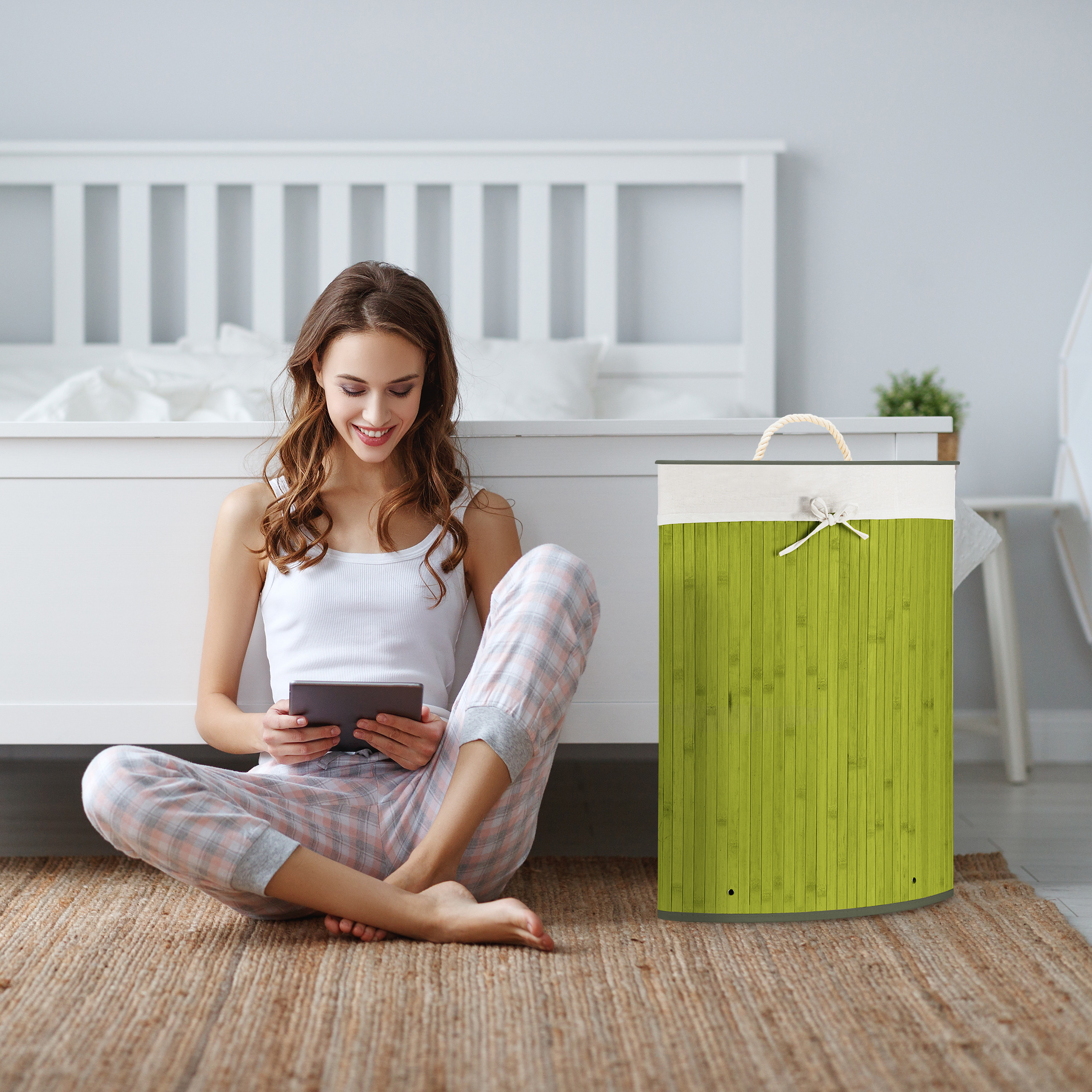 Eckwäschekorb Bambus Wäschekorb Ecke 60 l Raumspar Wäschekorb Deckel