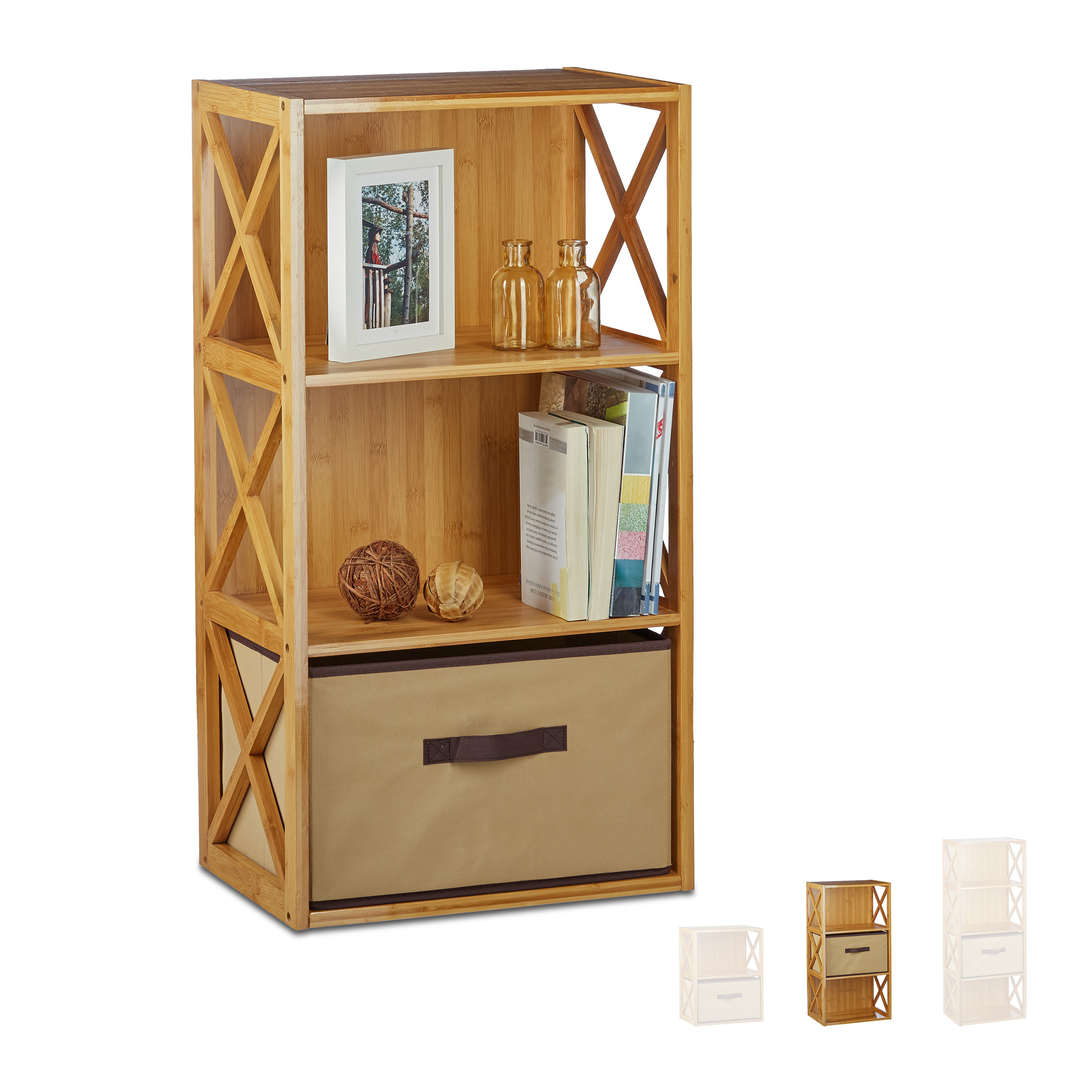 Regal Bambus mit Korb, Faltbox, 2-4 Ablagen, Holzregal natur