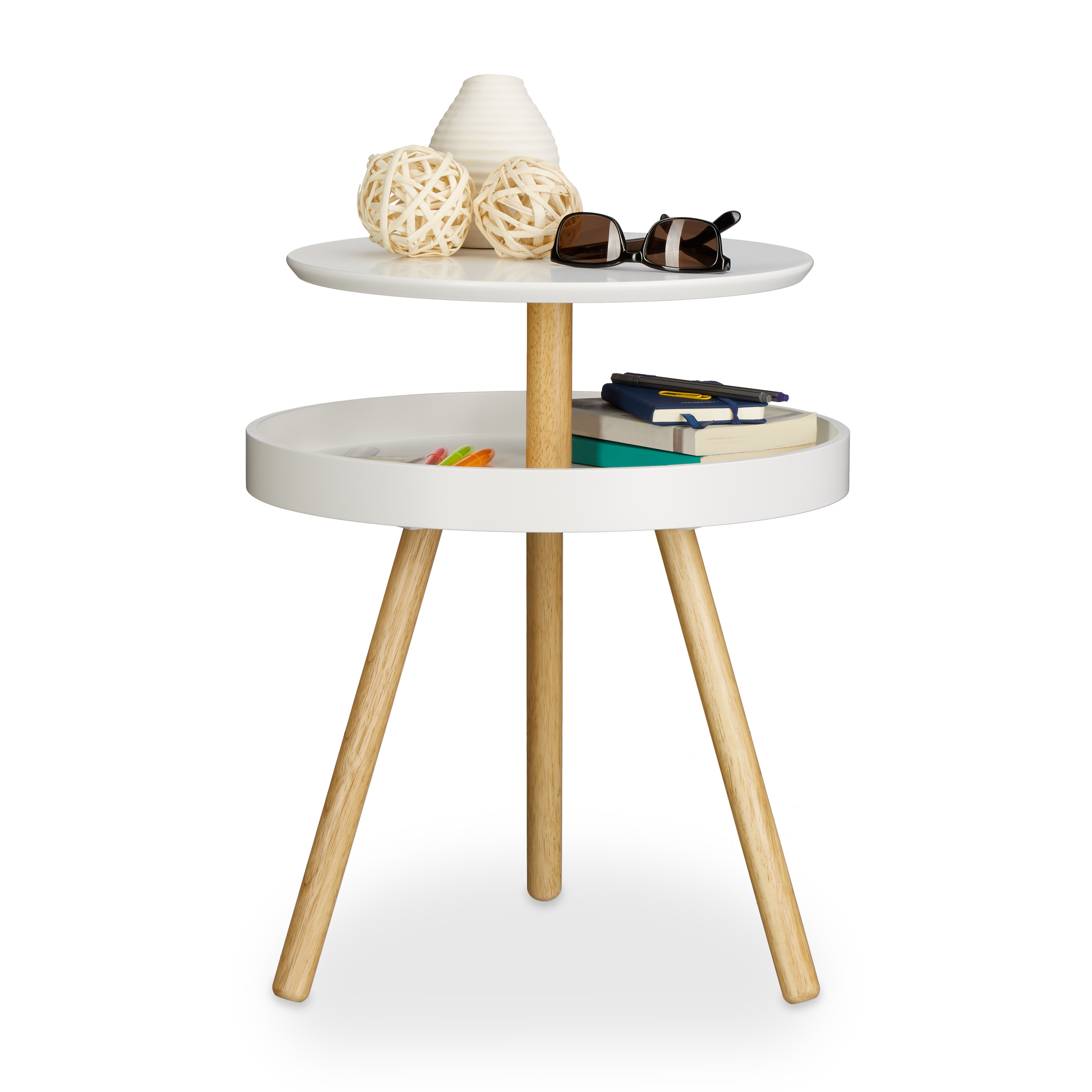 Beistelltisch rund mit Ablage in Weiß & Schwarz aus Holz, Dreibein