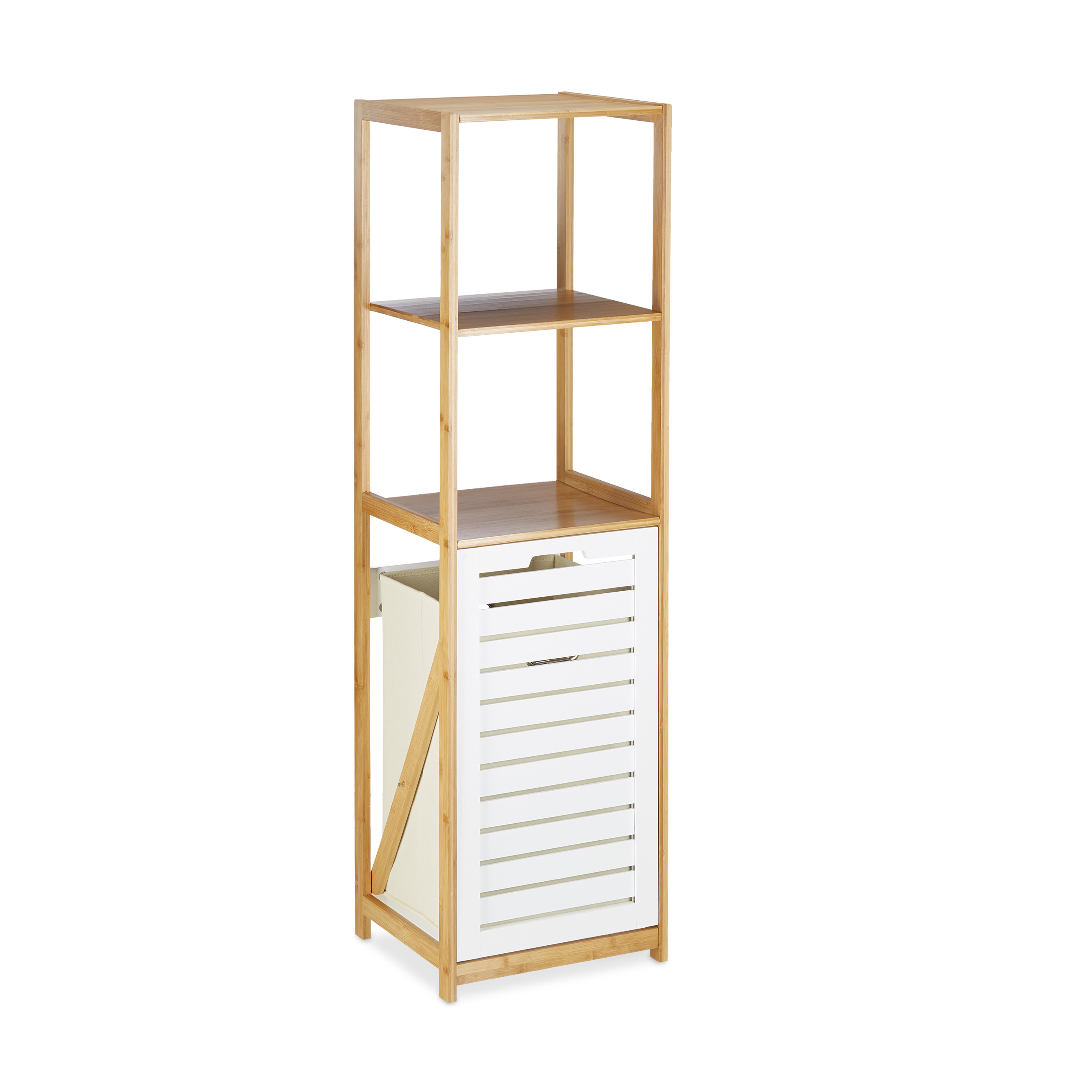 Badregal mit Wäschekorb, Badezimmer Regal Bambus, Bambusregal schmal