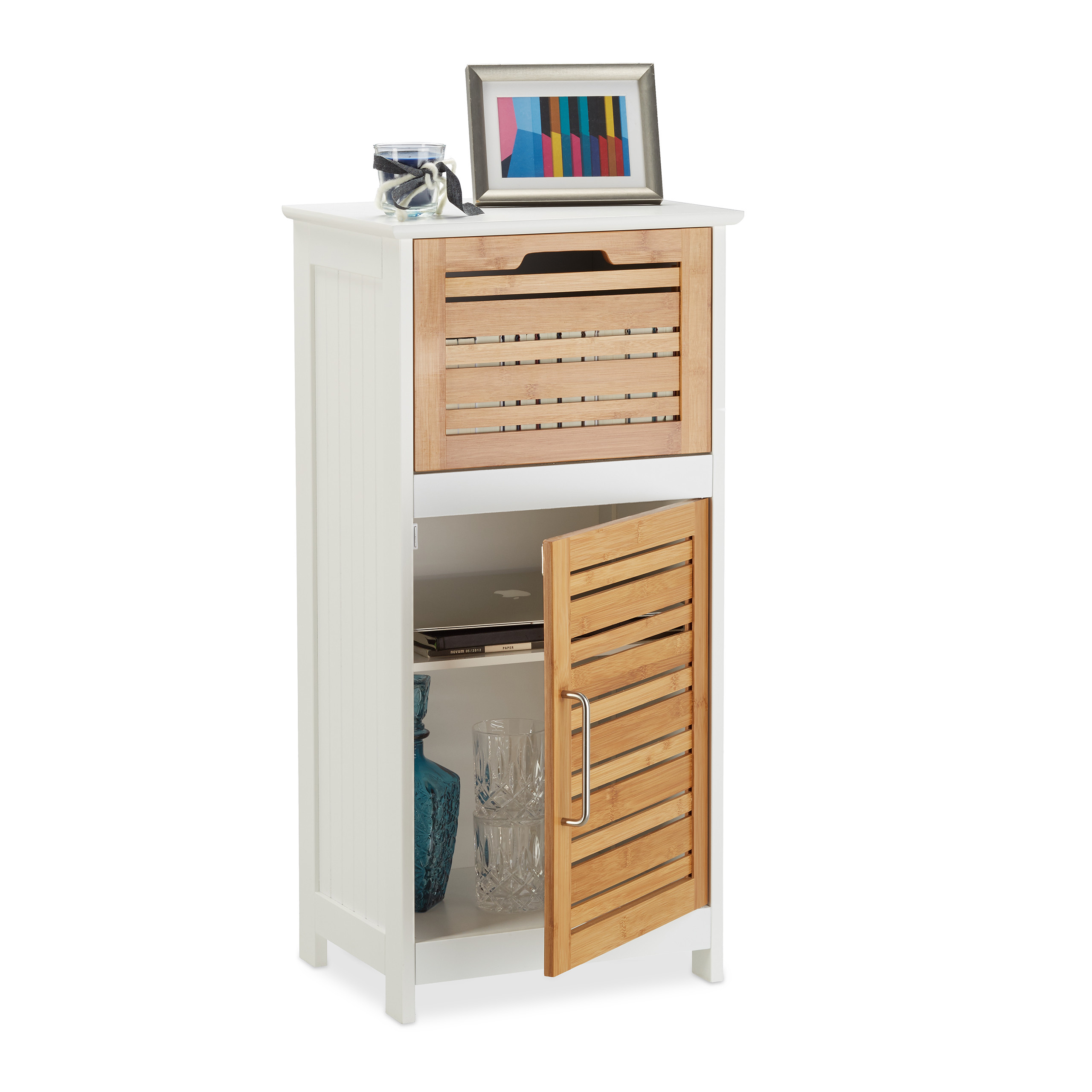 Beistellschrank, Bathroom Cabinet White, Bamboo Shelving Unit, Multi