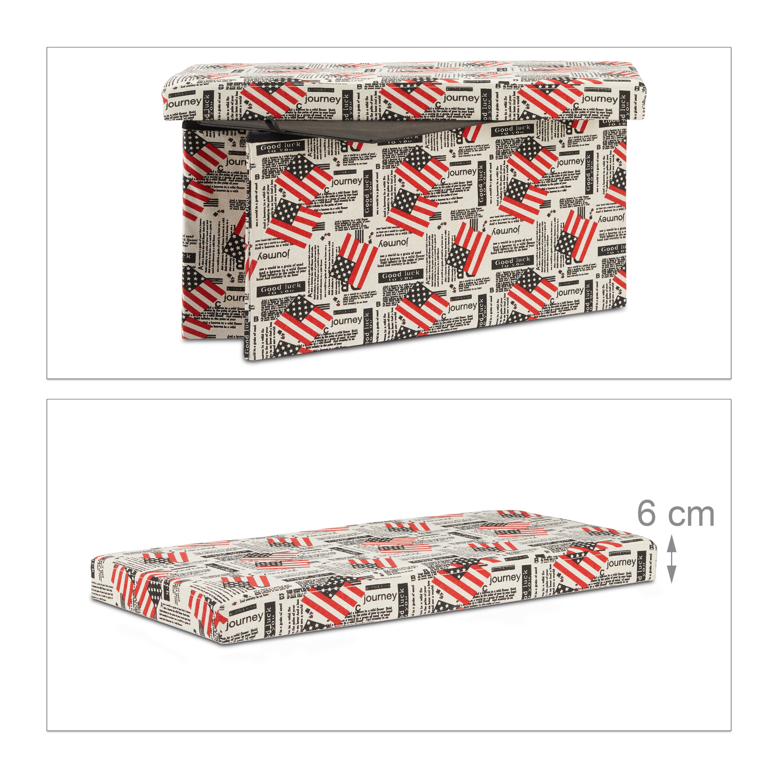 Faltbare Sitzbank, Aufbewahrungstruhe m. Motiv, Ottomane, weiche