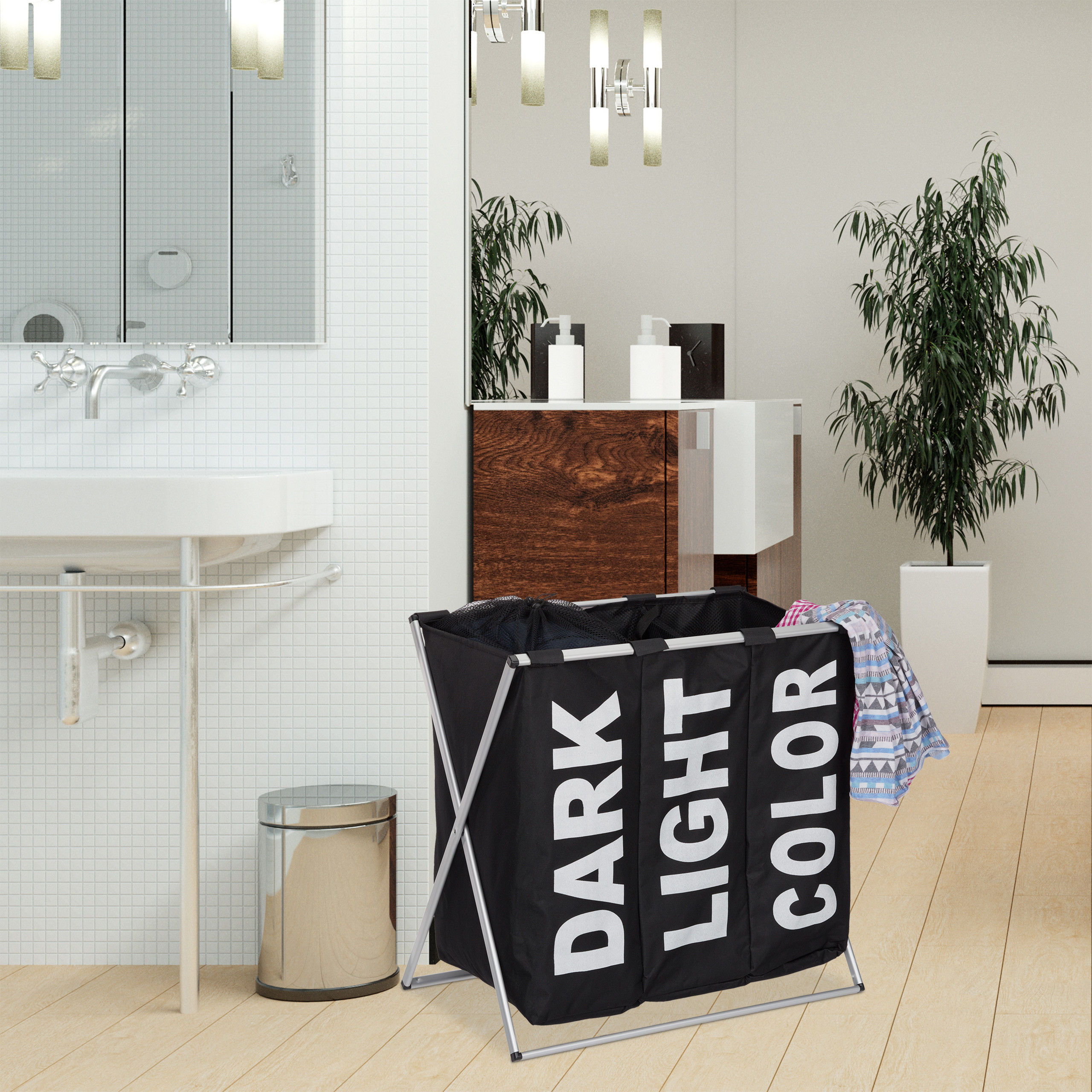 Wäschesortierer 3 Fächer 90L Klappgestell Wäschekorb Wäschesammler