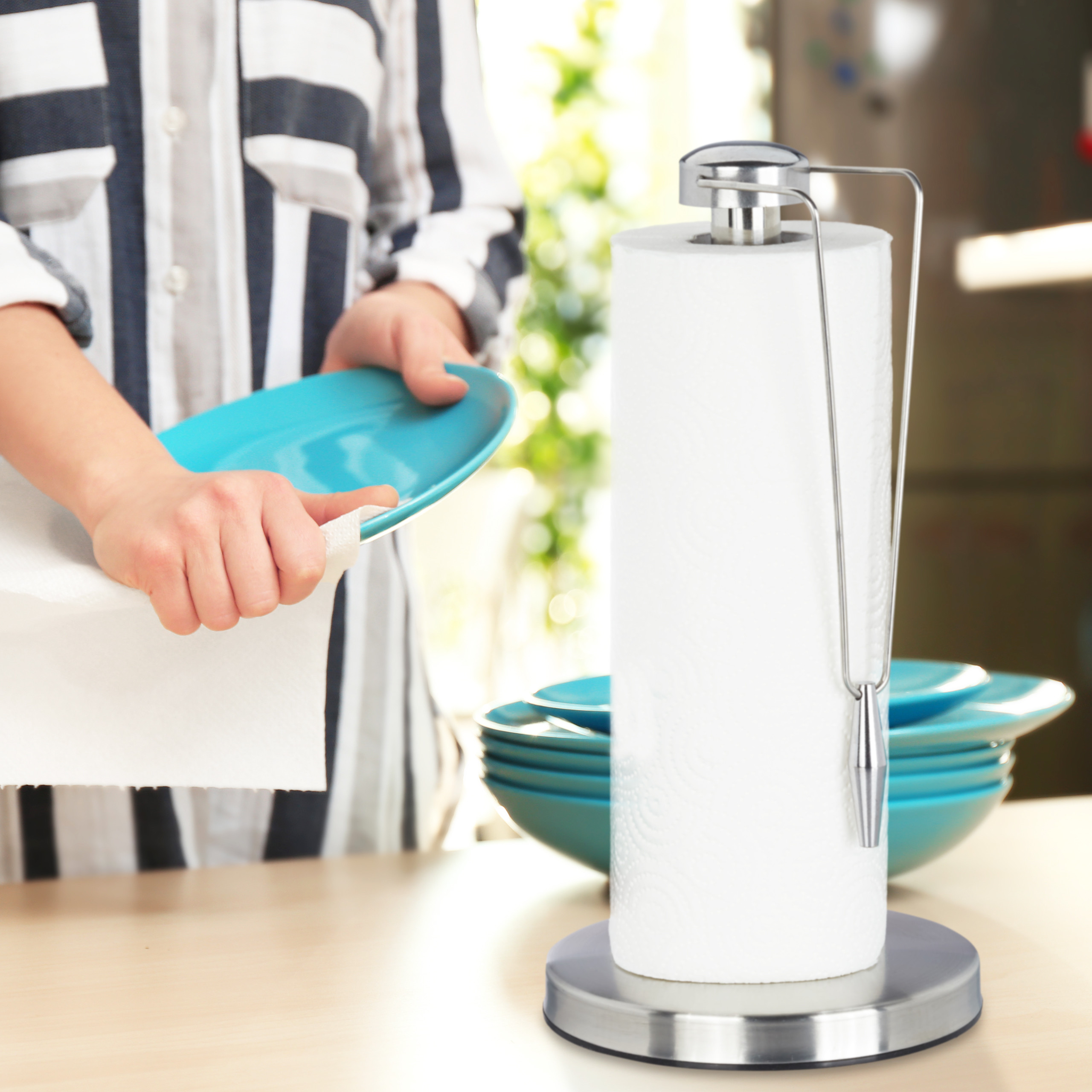 white and rose gold kitchen roll holder