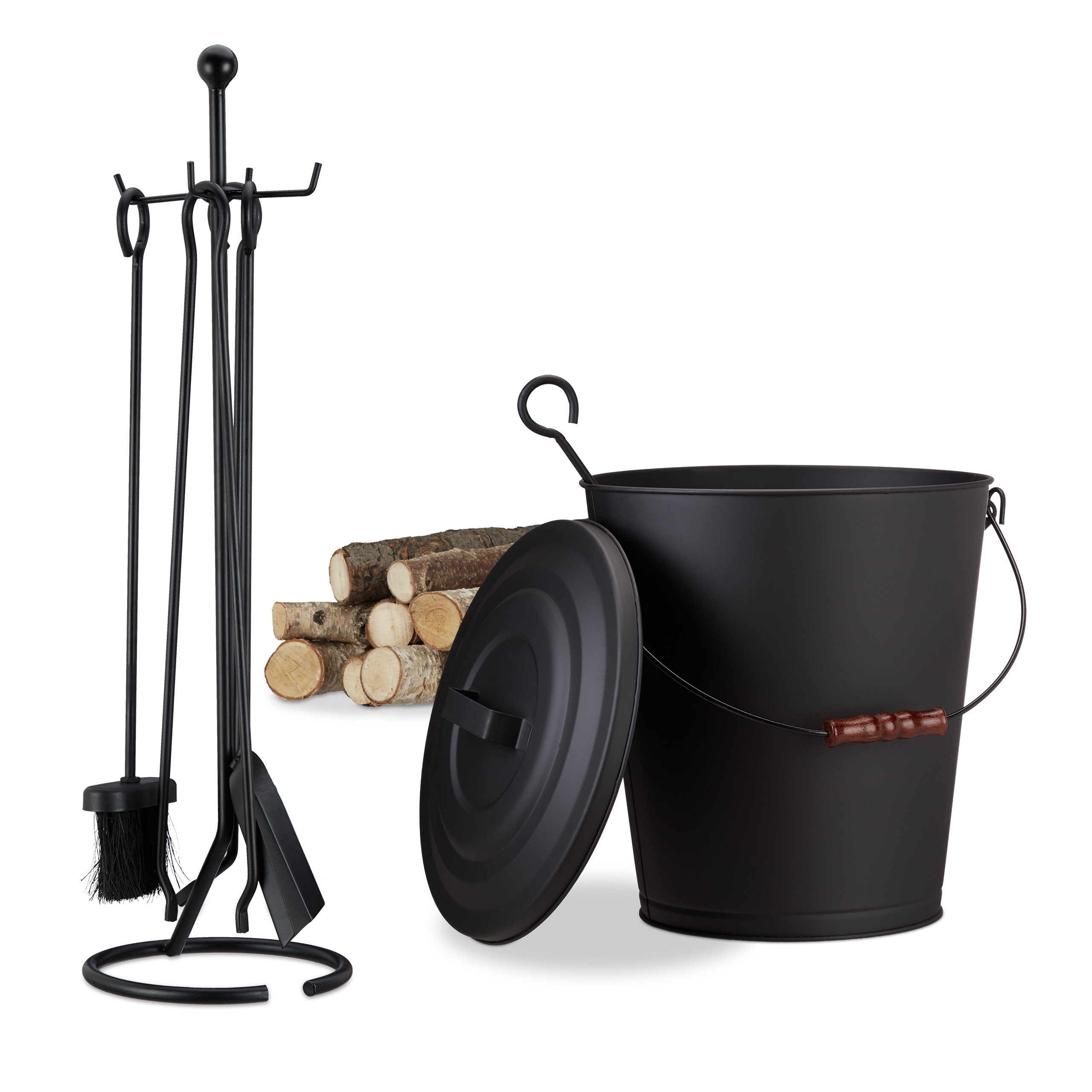 6 tlg. Kamin-Set, Ascheeimer mit Deckel, Kaminbesteck 5-teilig